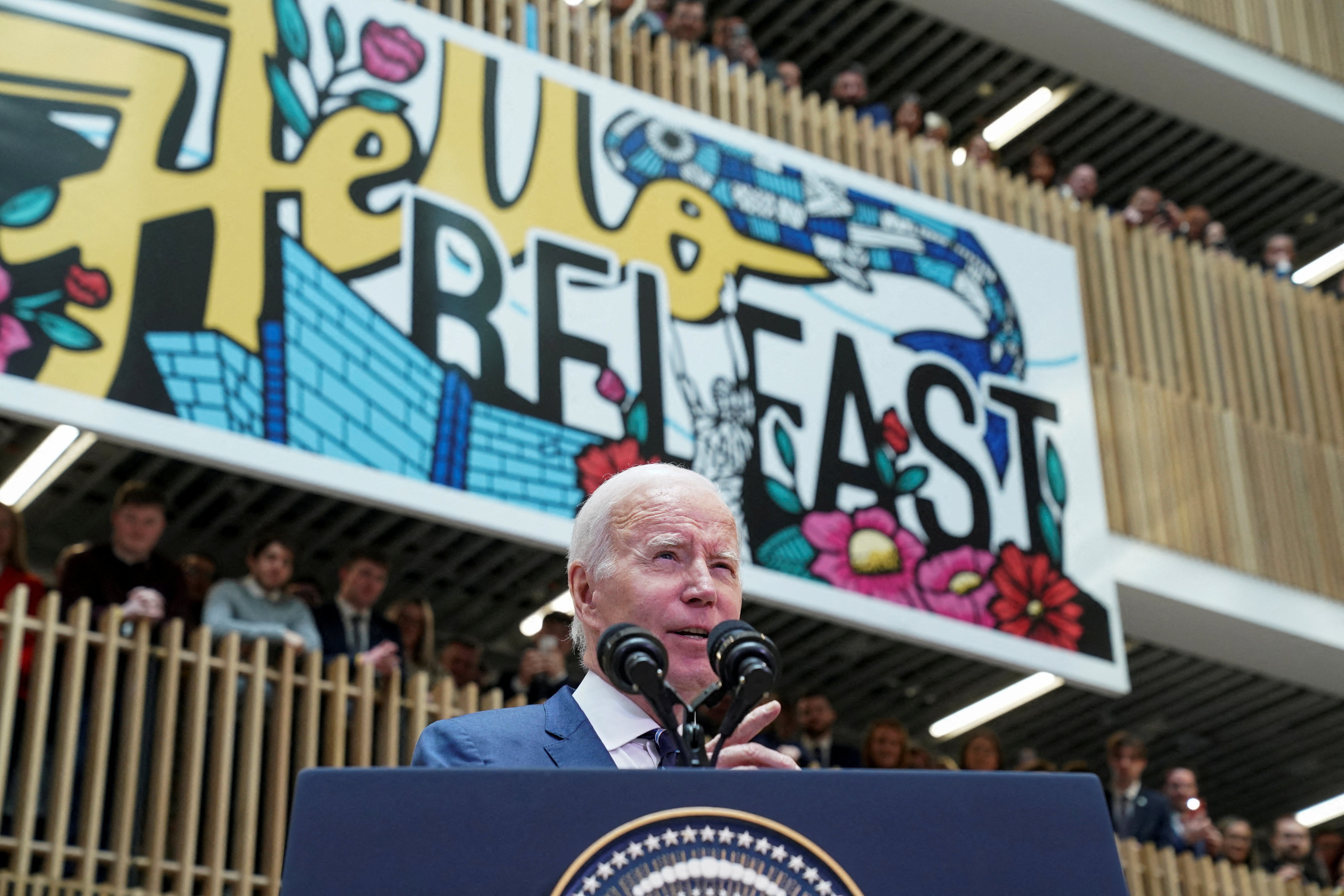 US President Joe Biden speaks following the 25th anniversary of the Good Friday Agreement, at Ulster University, Belfast, Northern Ireland. Photo: Reuters