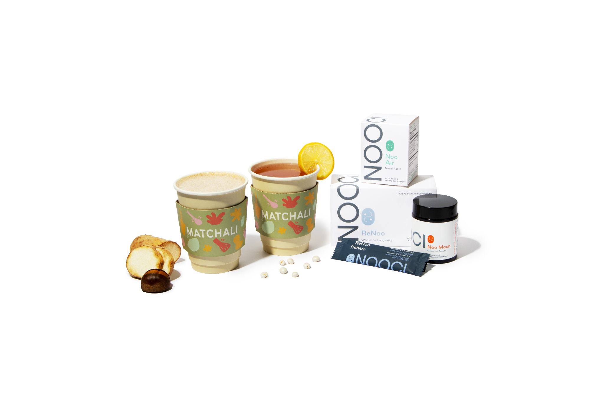 The full collection of Nooci products and its two crossover drinks developed with Hong Kong brand Matchali. Photo: Nooci