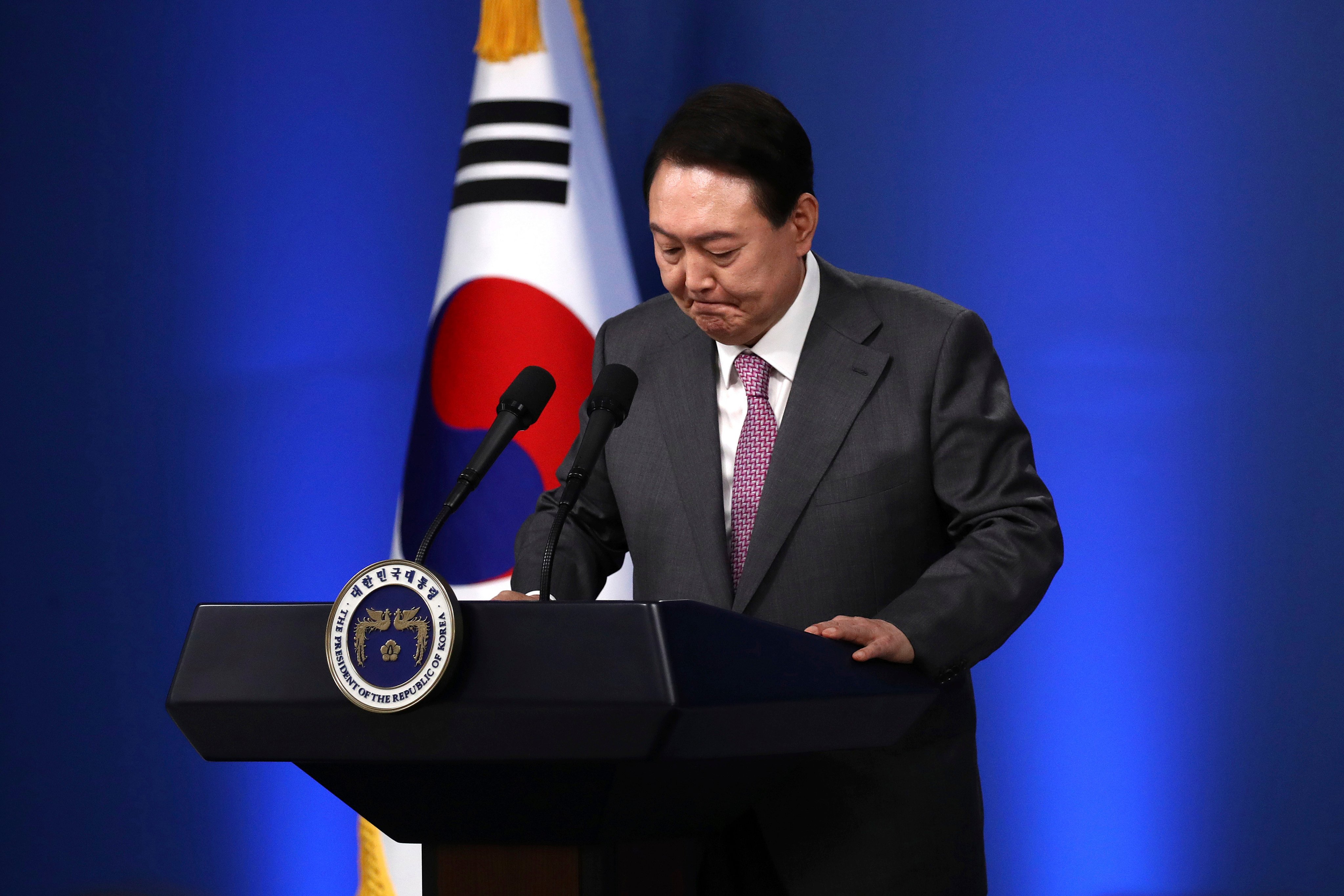 South Korean President Yoon Suk-yeol pauses during a speech at the presidential office in Seoul on August 17, 2022. Since he took office, Yoon has chosen a strong pro-US diplomatic stance. Photo: AP