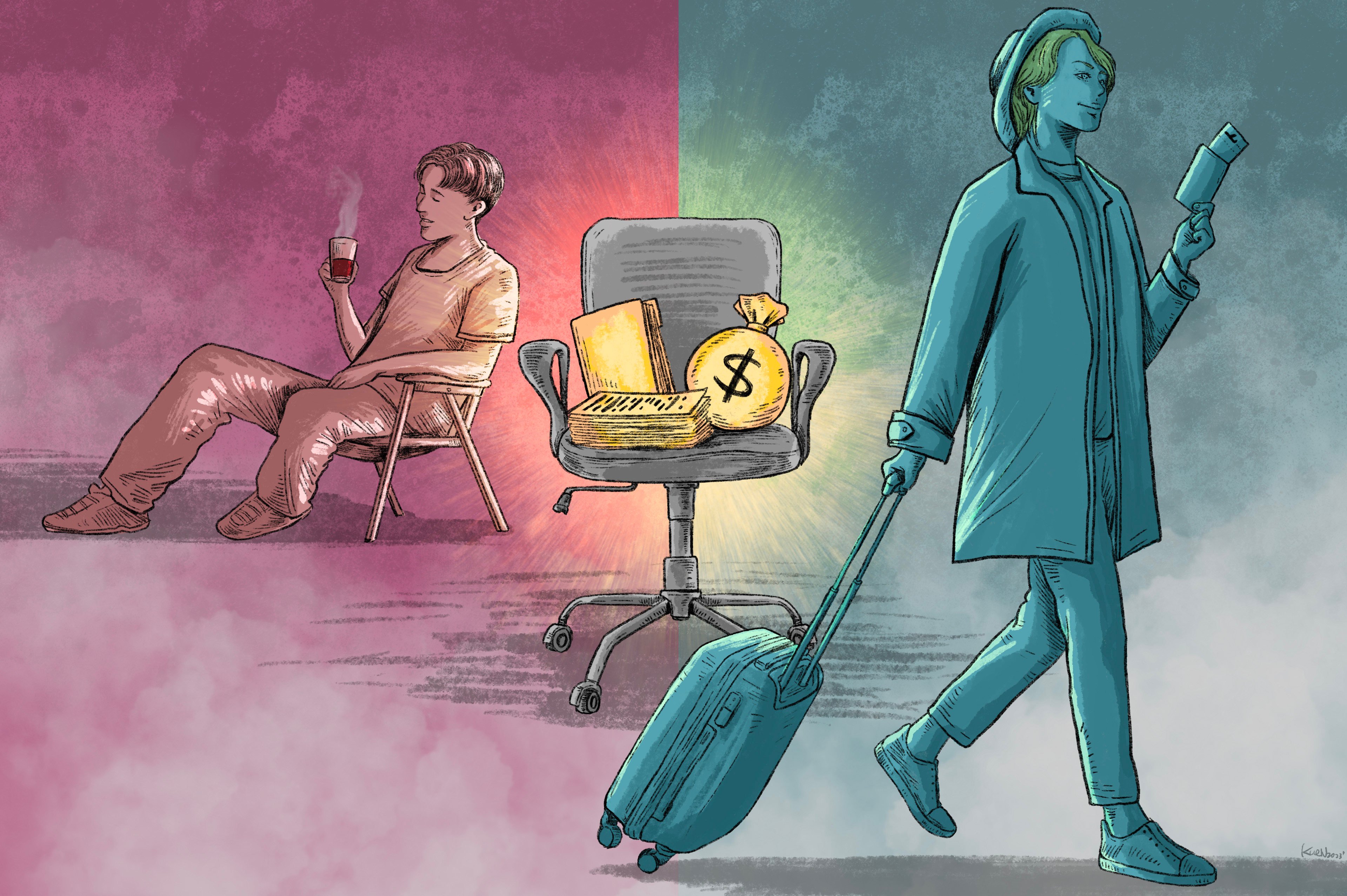 A growing number of younger people in China are resenting the idea of struggling against economic problems, while in the US, millions are also leaning more towards the life side of a work-life balance. Illustration: Lau Ka-kuen