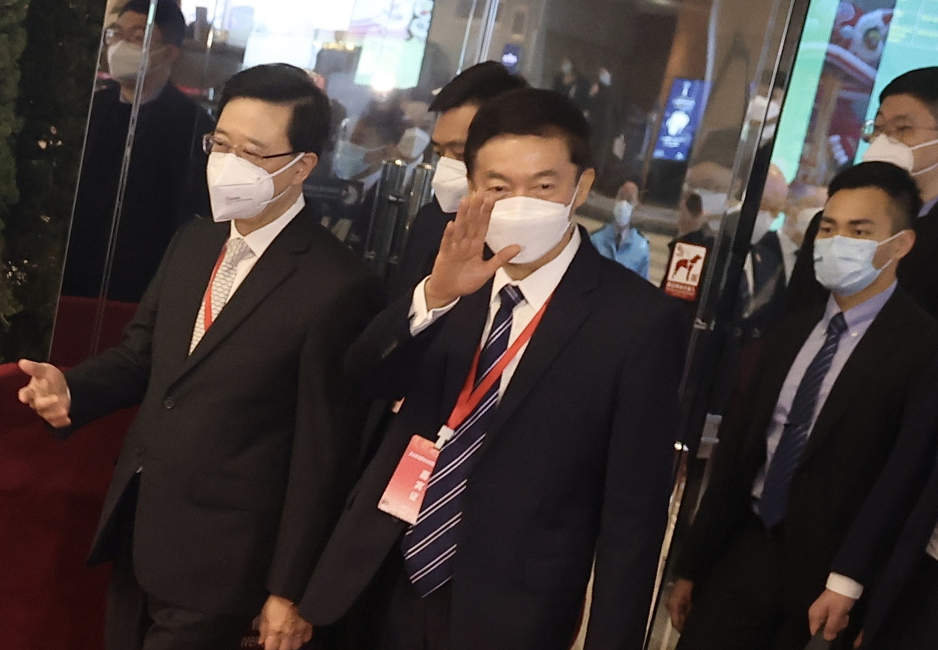 Luo Huining (centre), then director of Beijing’s liaison office in Hong Kong, leaves a meeting with Chief Executive John Lee Ka-chiu in January. Photo: Jonathan Wong