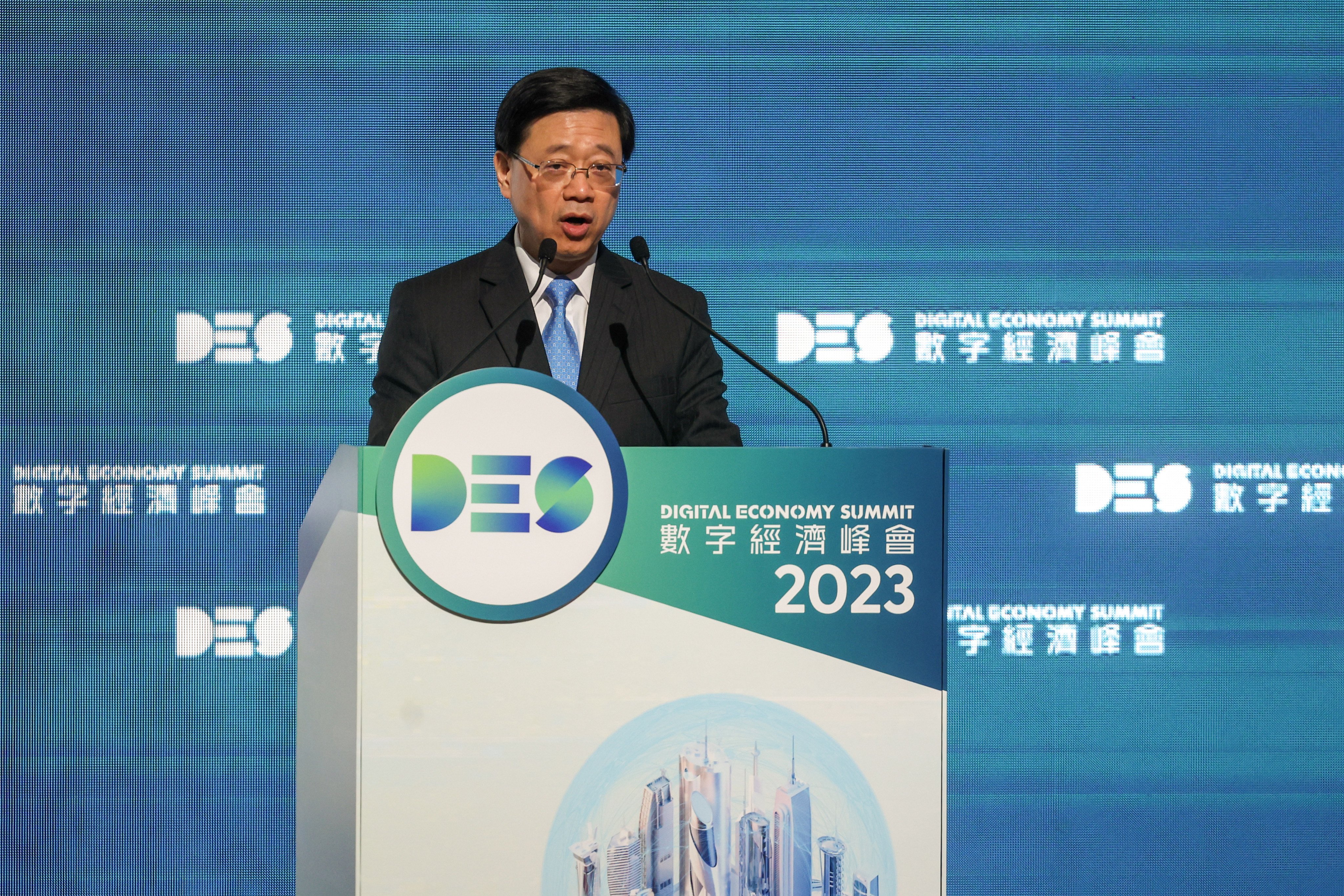 Chief Executive John Lee speaks at the Digital Economy Summit 2023. Photo: Yik Yeung-man