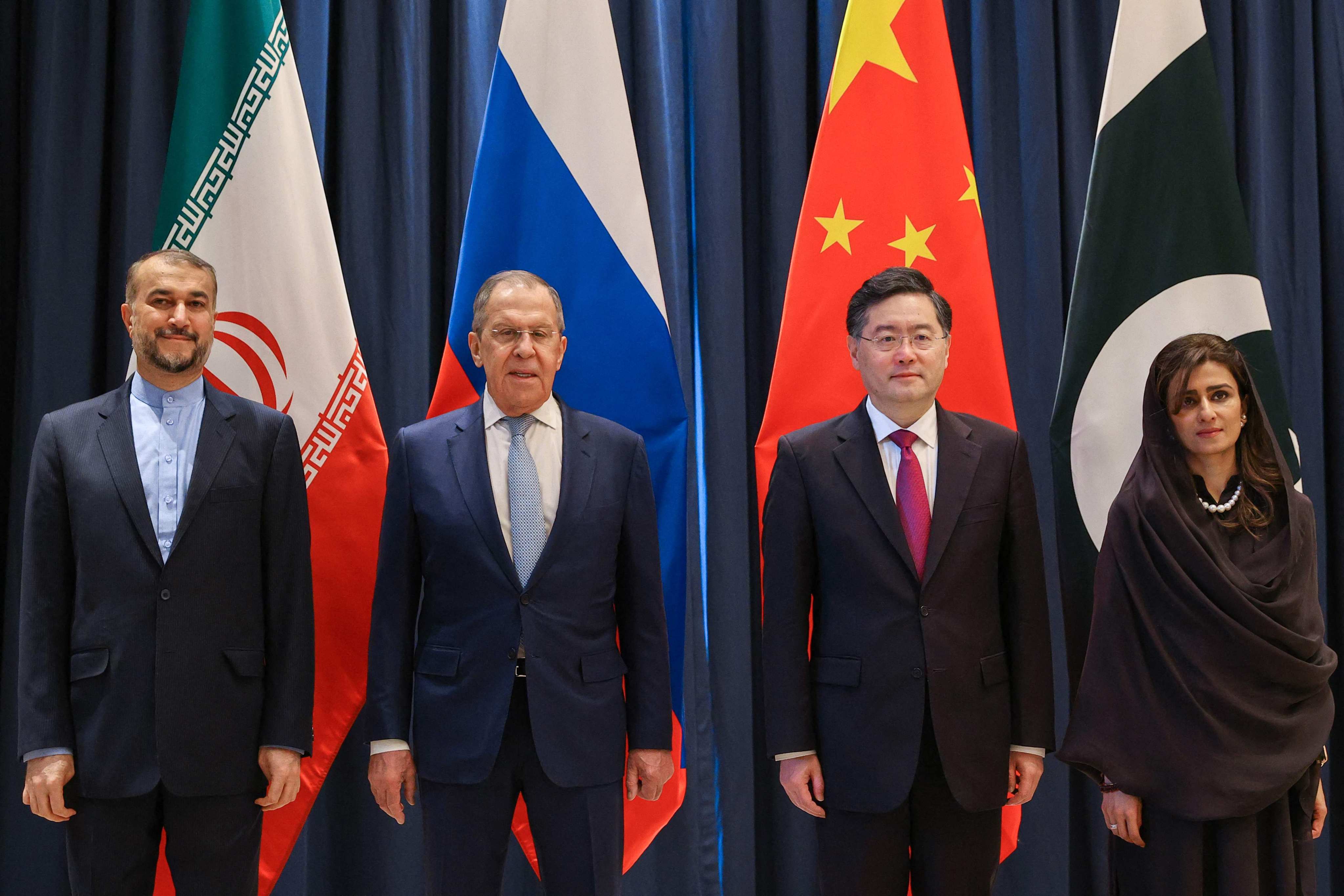 Chinese Foreign Minister Qin Gang (third left) with regional counterparts (from left) Hossein Amir-Abdollahian of Iran, Sergey Lavrov of Russia and Hina Rabbani Khar of Pakistan, in Samarkand on Thursday. Photo: AFP