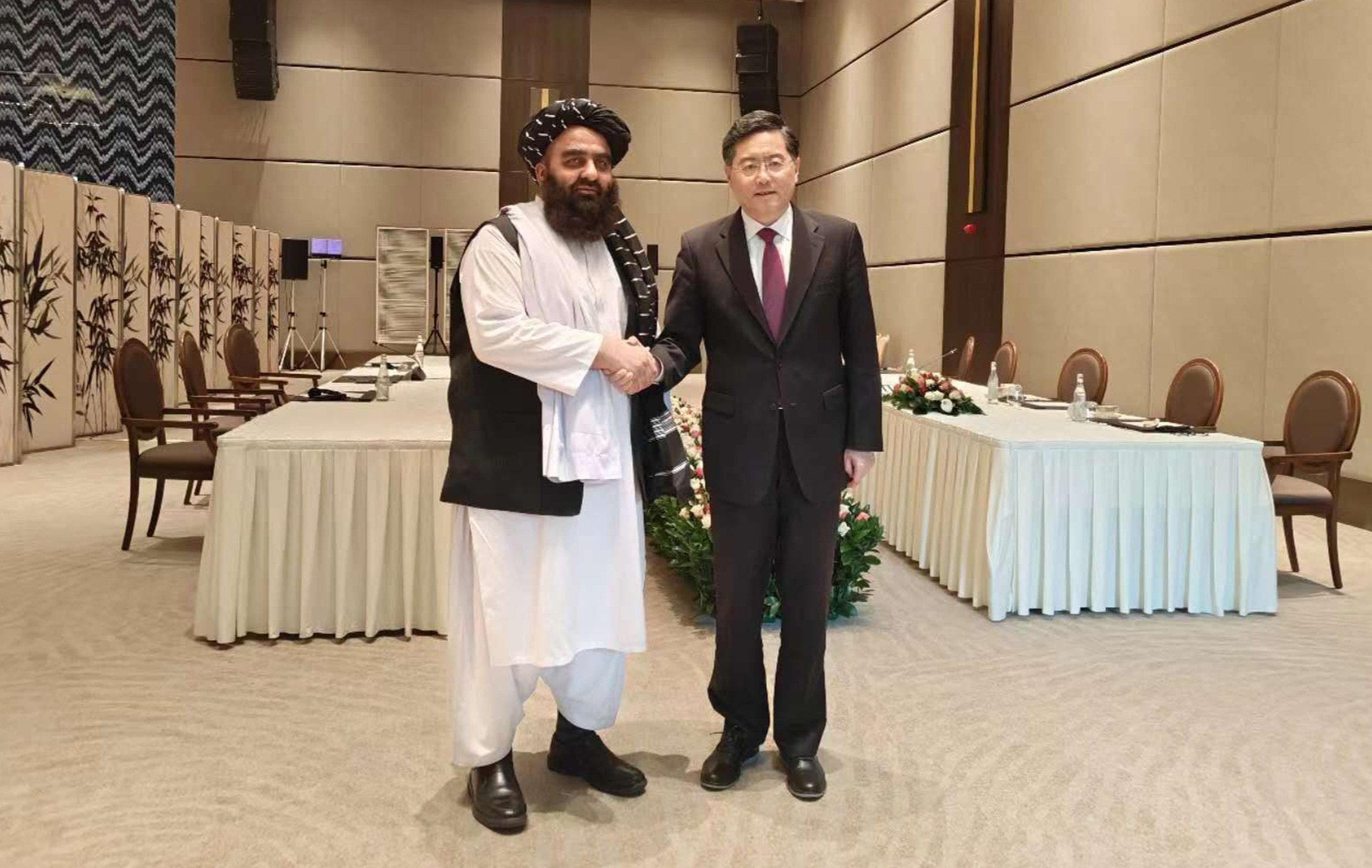 Chinese State Councilor and Foreign Minister Qin Gang meets with Mawlawi Amir Khan Mutaqi, the Taliban’s acting foreign minister. Photo: Xinhua