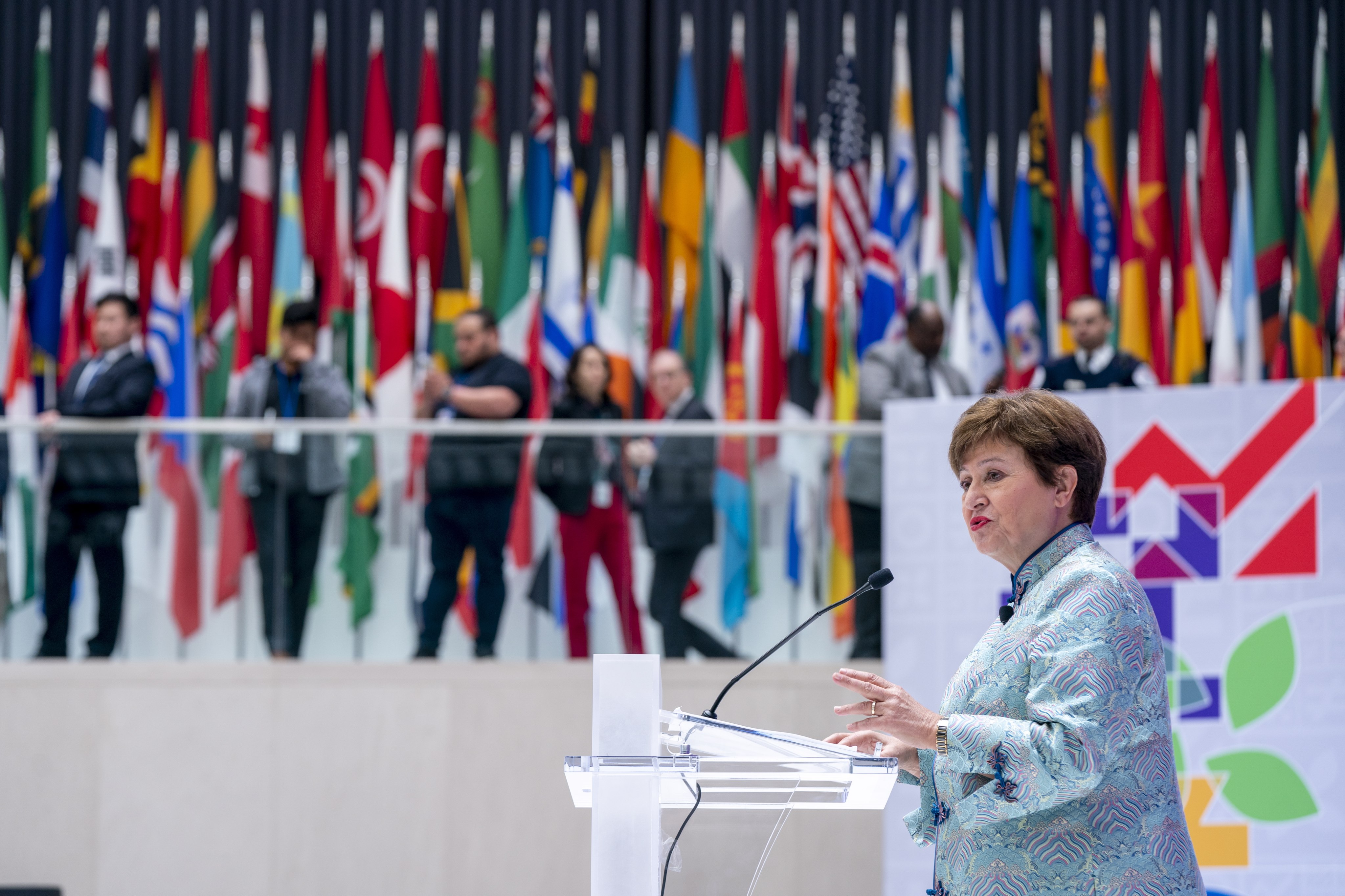 IMF managing director Kristalina Georgieva delivers remarks at the seminar titled “Digital Public Infrastructure: Stacking up the Benefits” during the spring meetings in Washington, on April 14. Photo: EPA-EFE