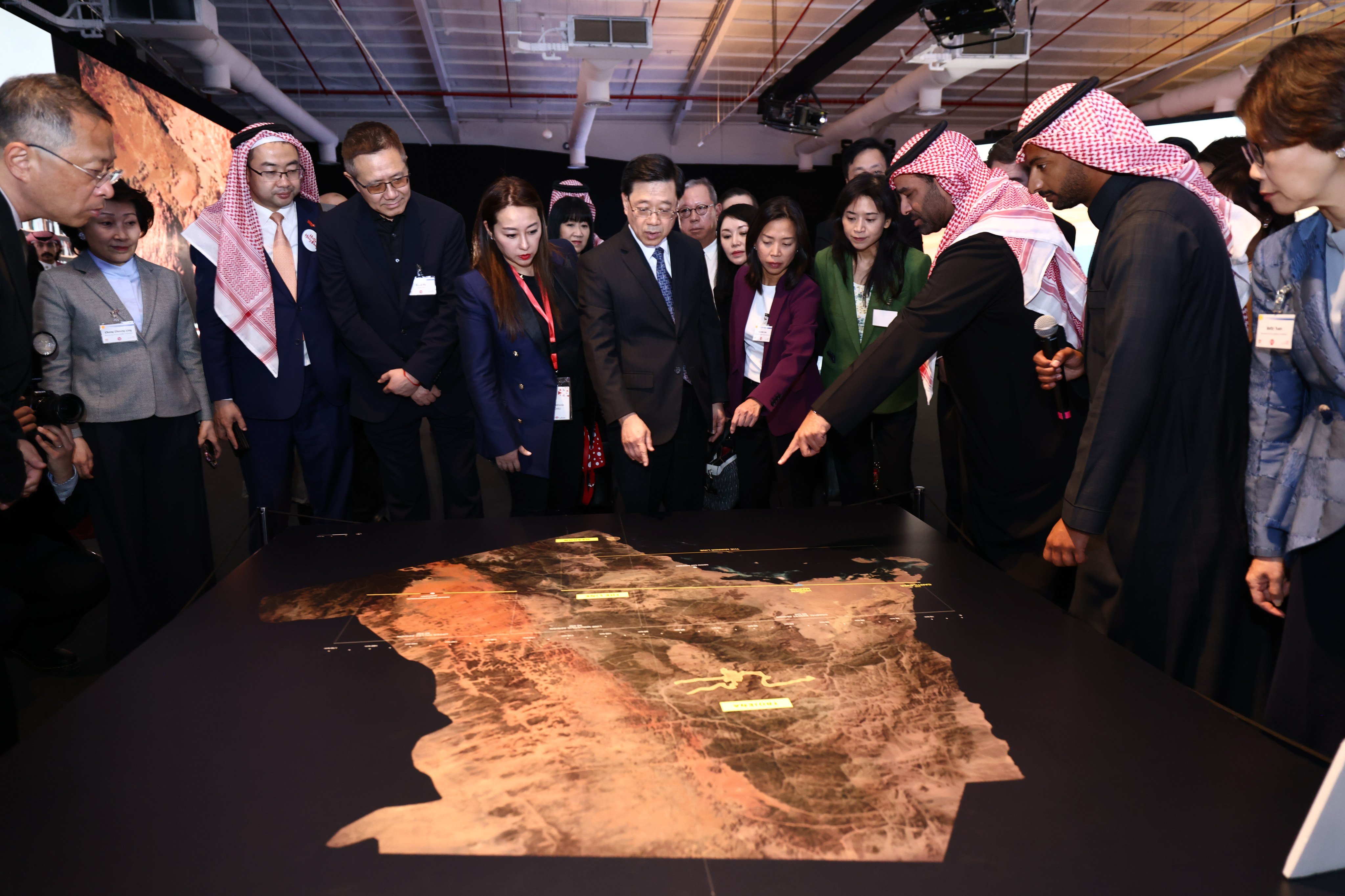 Chief Executive 
John Lee Ka-chiu (centre) and the Hong Kong delegation take a tour of smart city projects during his Saudi Arabia visit on February 5. Photo: Handout
