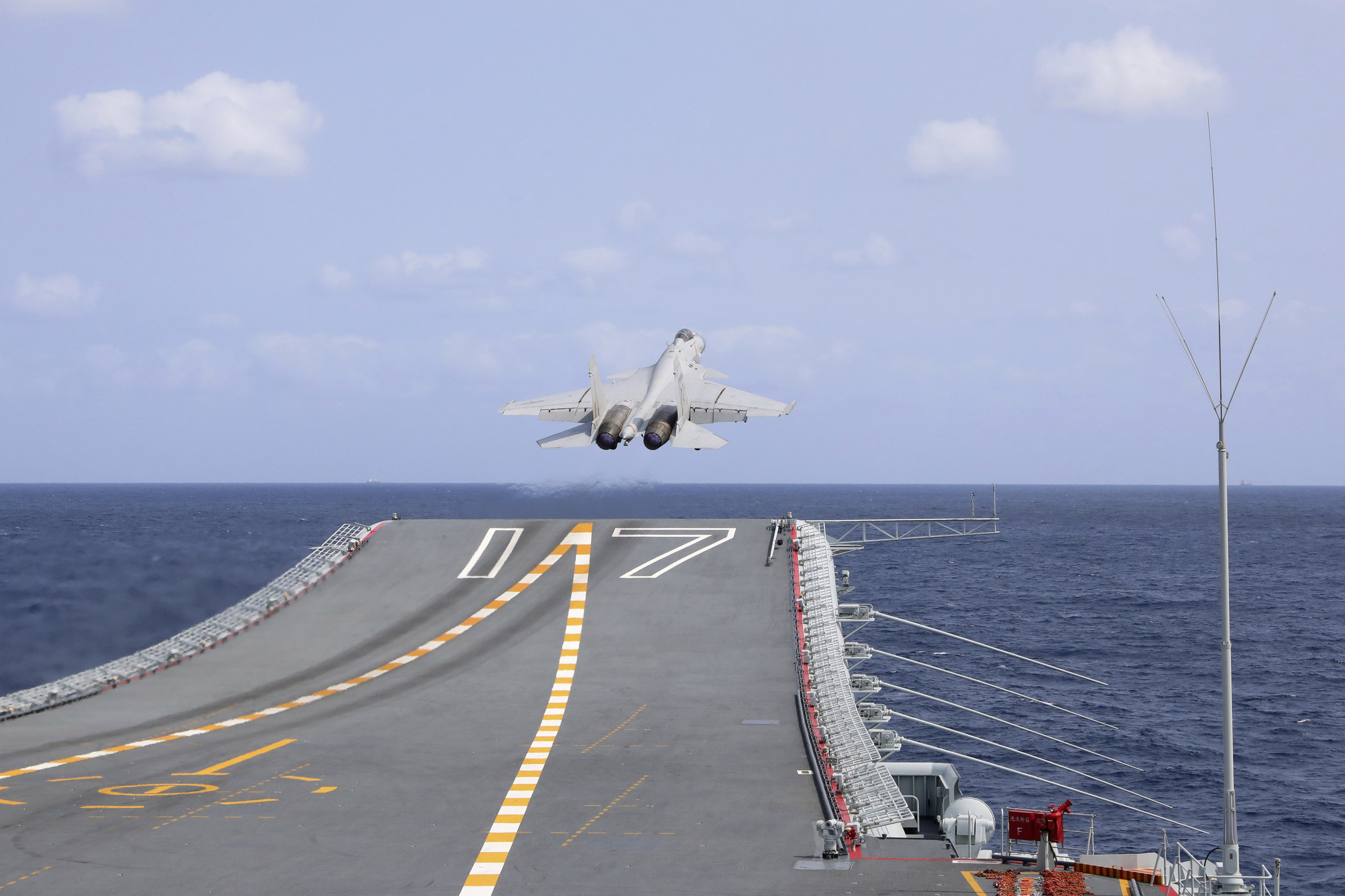 A J-15 jet fighter takes off from the aircraft carrier Shandong on April 9 during People’s Liberation Army military exercises around Taiwan. Photo: Xinhua