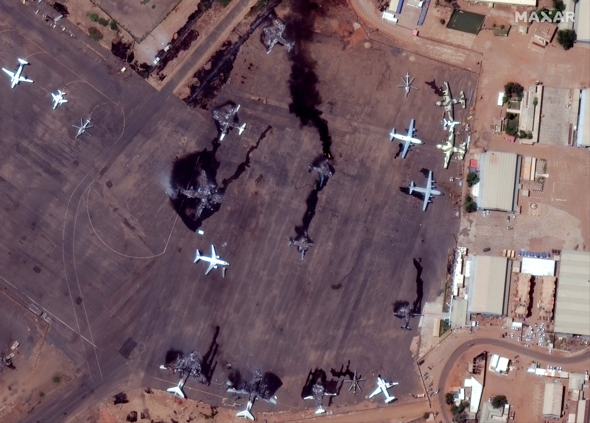 Destroyed planes at Khartoum International Airport in Khartoum. Photo: Maxar Technologies