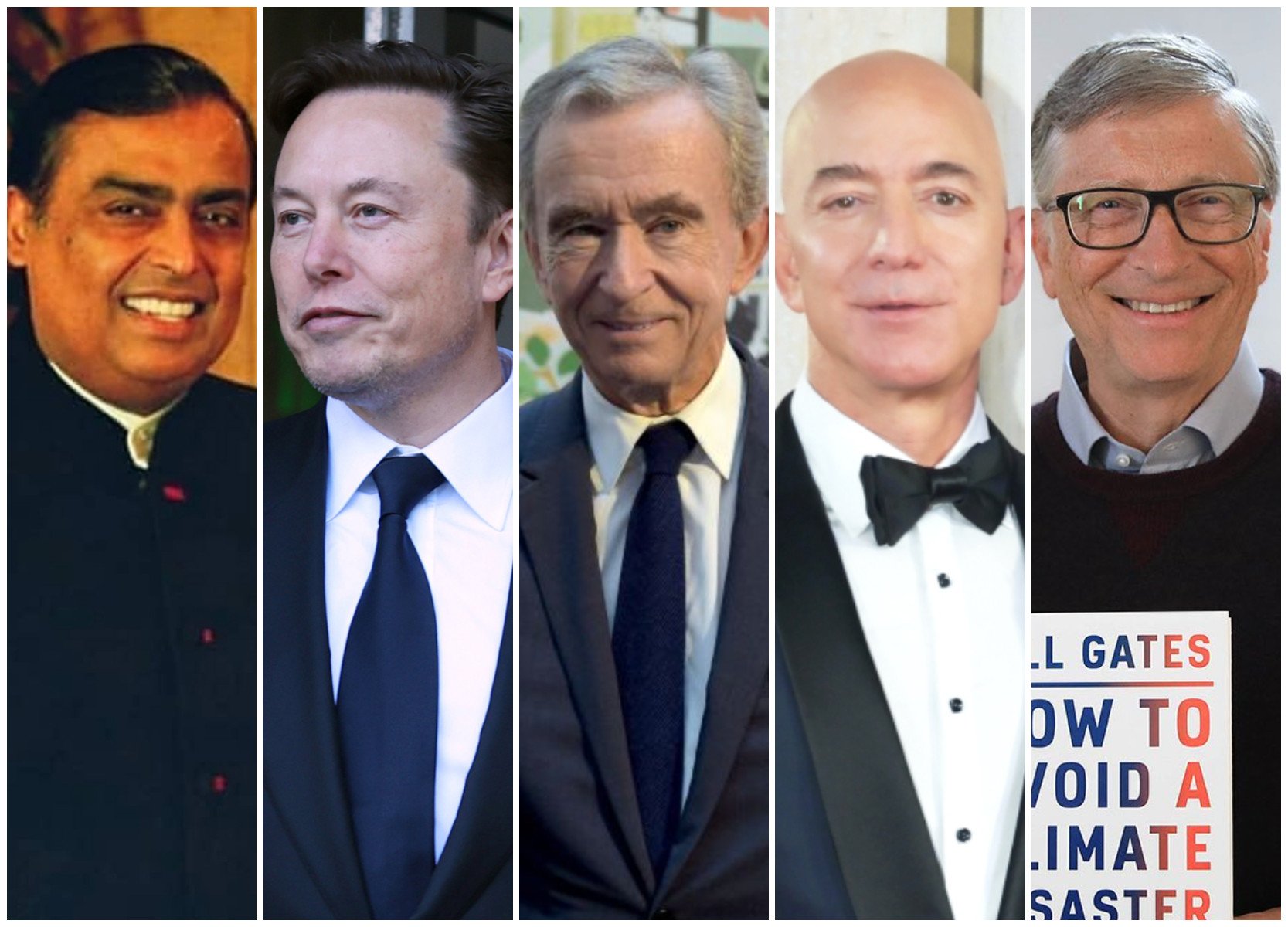 Mukesh Ambani, Elon Musk, Bernard Arnault, Jeff Bezos and Bill Gates are among the world’s richest people in 2023. Photos: @mukesh.ambaniii, @thisisbillgates/Instagram; TNS; AFP; Getty Images