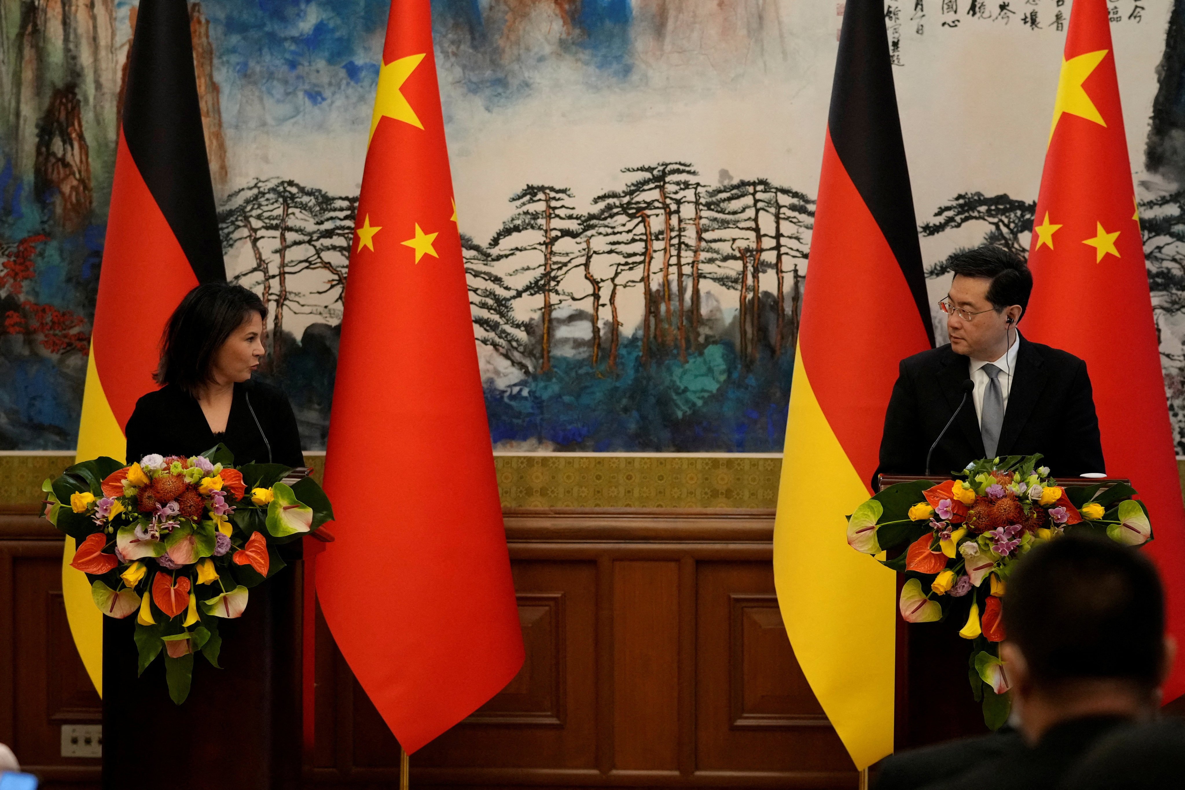 German Foreign Minister Annalena Baerbock and Chinese Foreign Minister Qin Gang attend a joint press conference at the Diaoyutai State Guesthouse in Beijing on April 14. Photo: Reuters