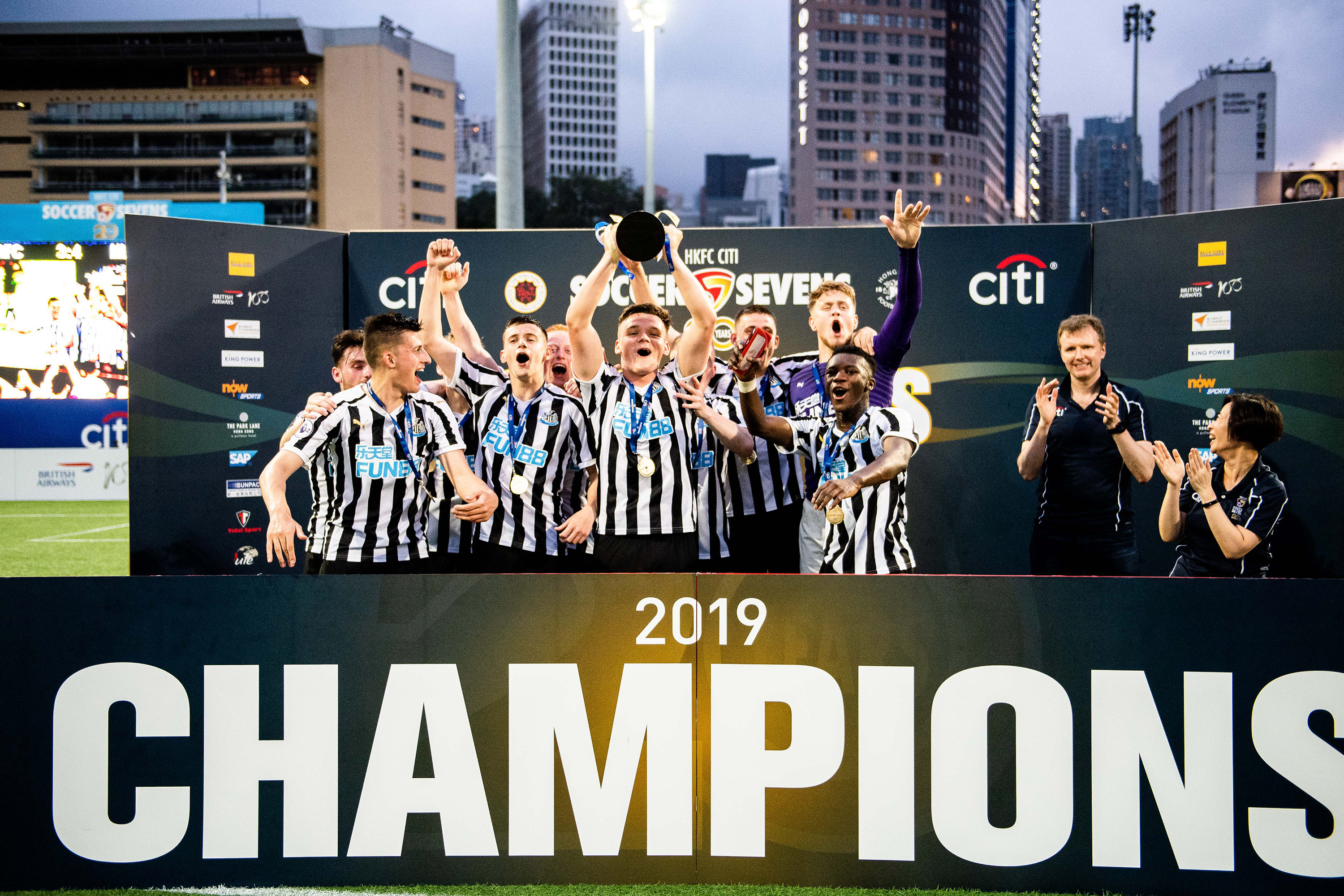 Newcastle United celebrate winning the HKFC Citi Soccer Sevens in 2019. Photo: Handout