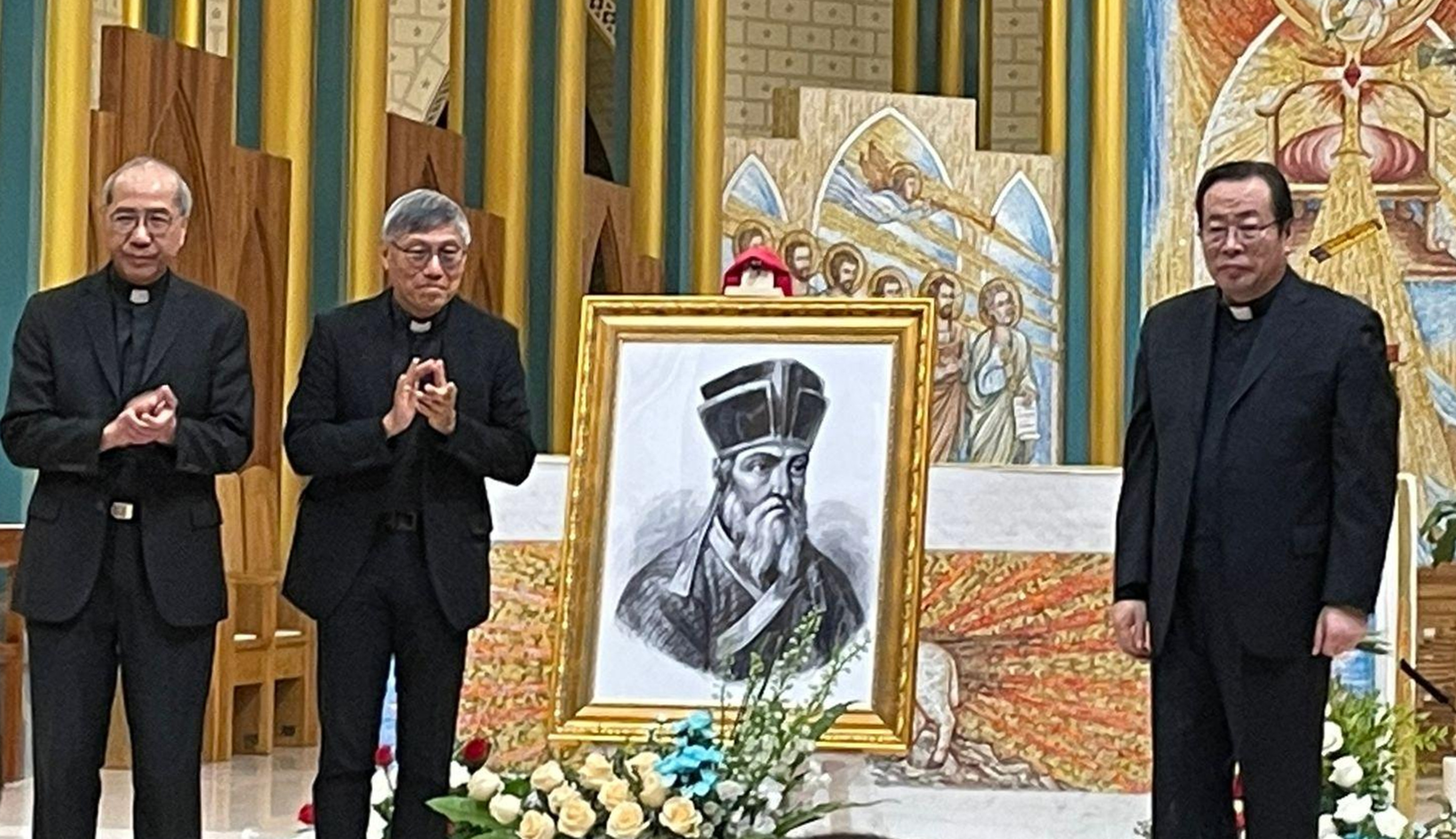 (From left) Auxiliary Bishop Joseph Ha, Bishop Stephen Chow and Bishop Joseph Li in Beijing. The portrait is of Jesuit missionary Matteo Ricci. Photo: Handout 