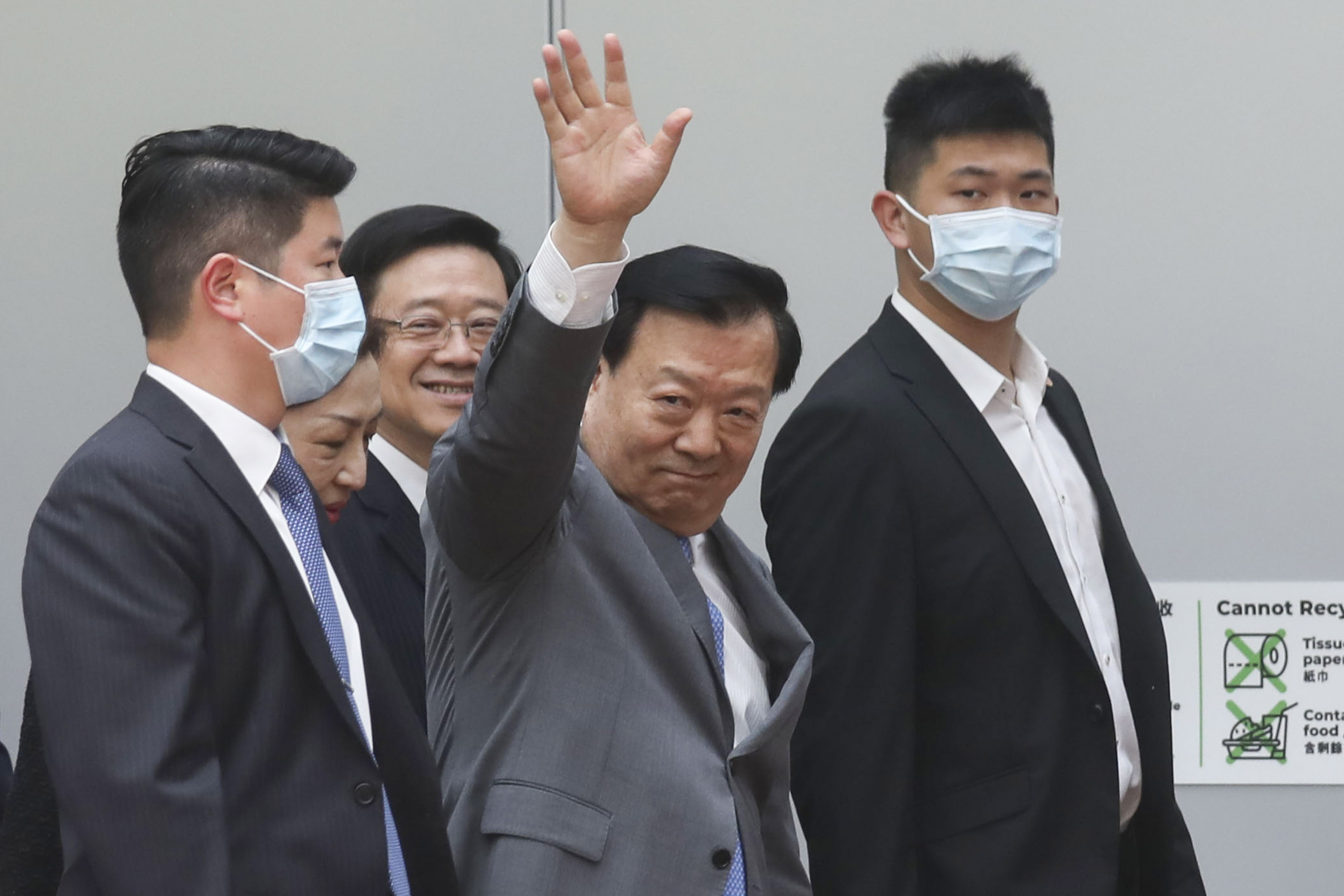 Accompanied by Chief Executive John Lee Ka-chiu, Xia Baolong, director of the State Council’s Hong Kong and Macau Affairs, visits the University of Hong Kong during the last day of his six-day trip on April 18. Photo: Xiaomei Chen