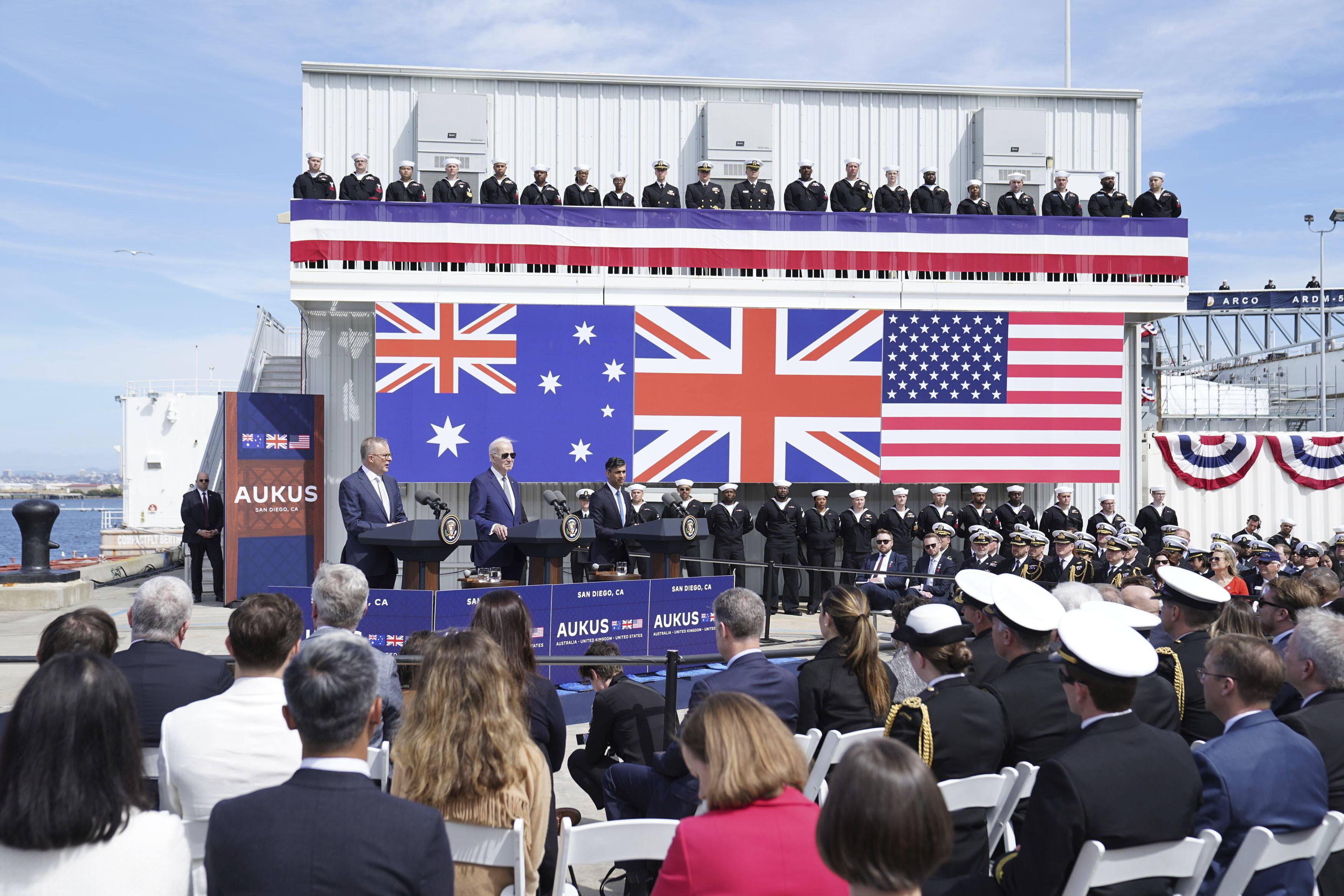 Australia’s Prime Minister Anthony Albanese (left) with US President Joe Biden and UK Prime Minister Rishi Sunak at Point Loma naval base in San Diego on March 13, 2023. Photo: Pool via AP