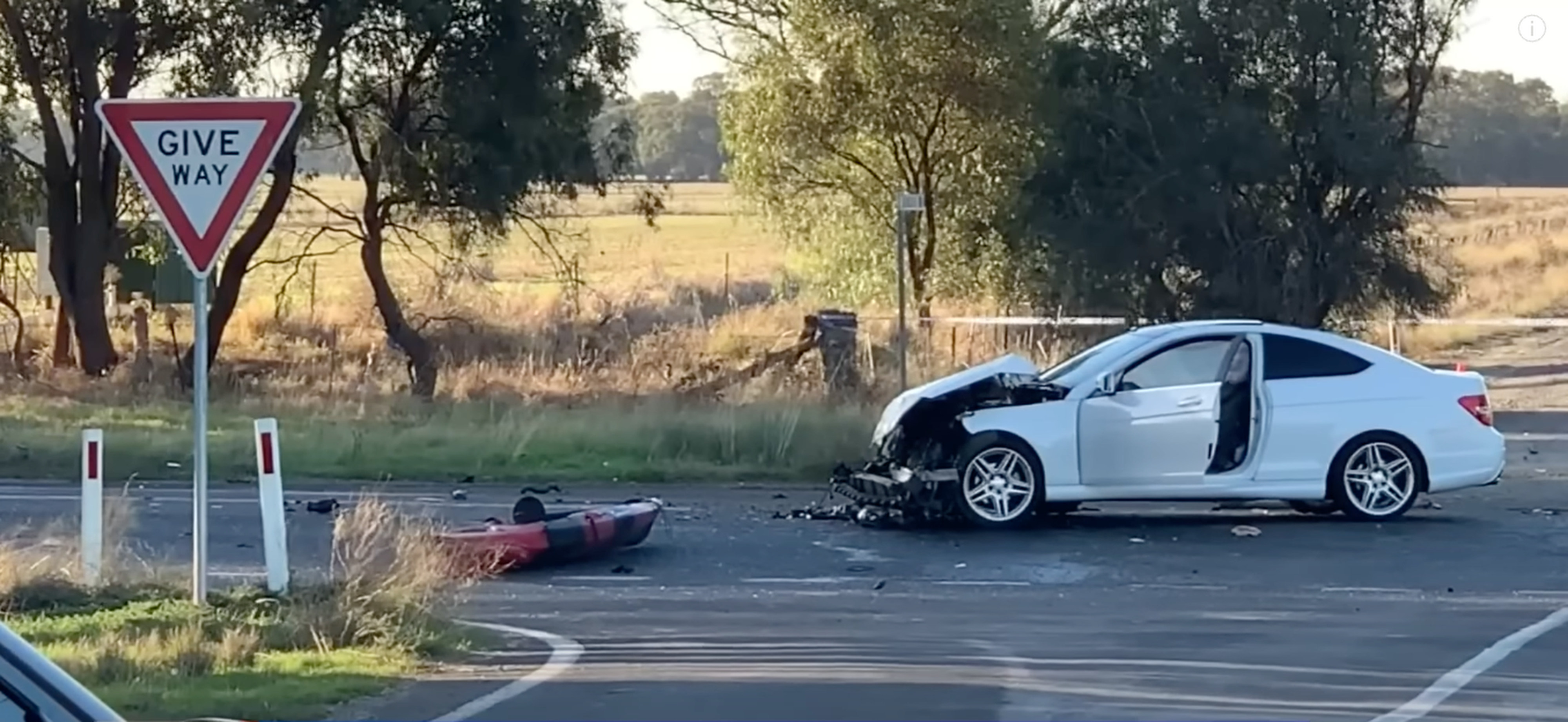 Screengrab of footage from the crash site in Victoria, where five people died in a collision with an oncoming milk tanker. Photo: Nine News