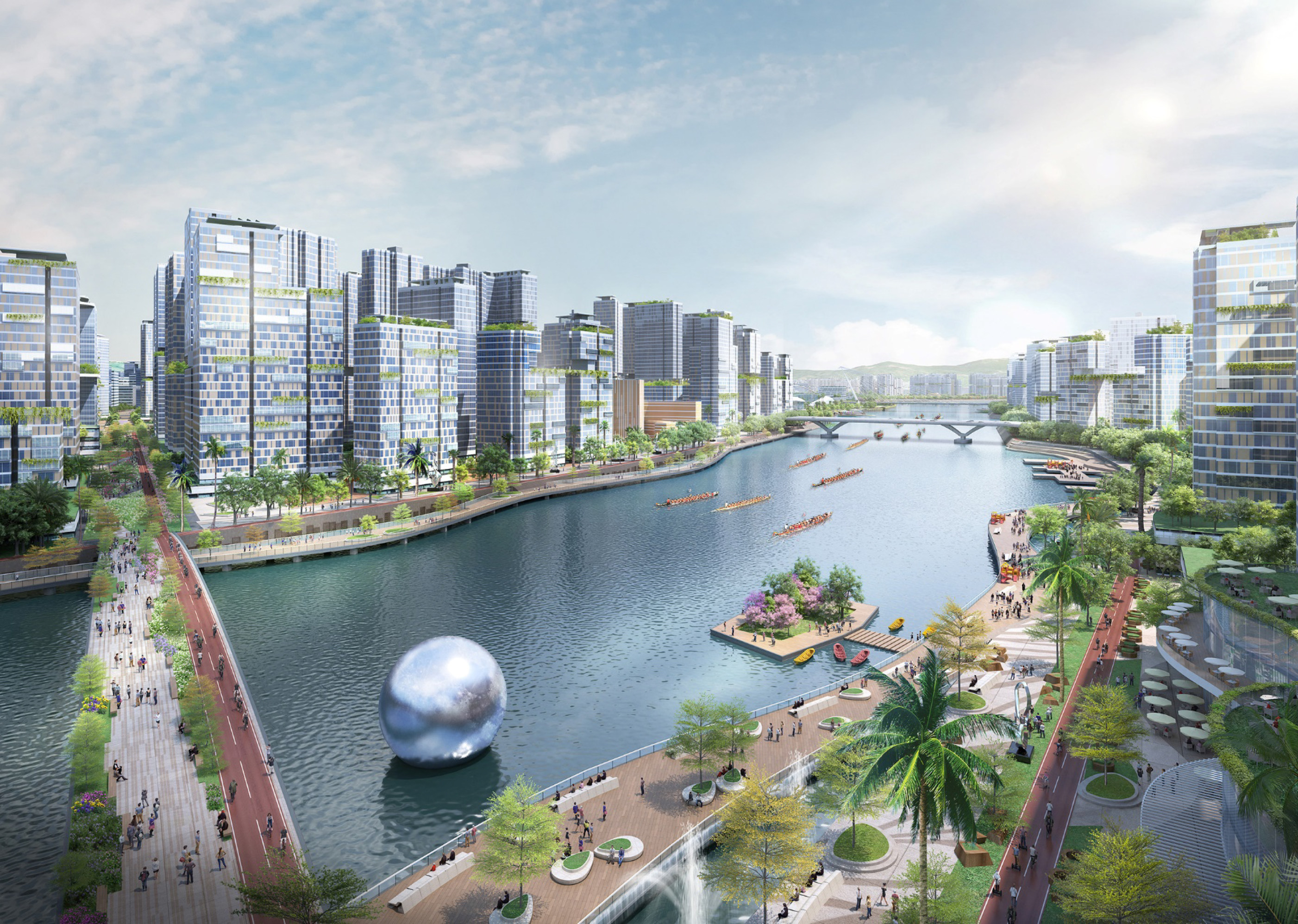 Rendered illustration of waterfront Promenade and Water Channel between artificial islands of Lantau Tomorrow Vision Project. Photo: Legco