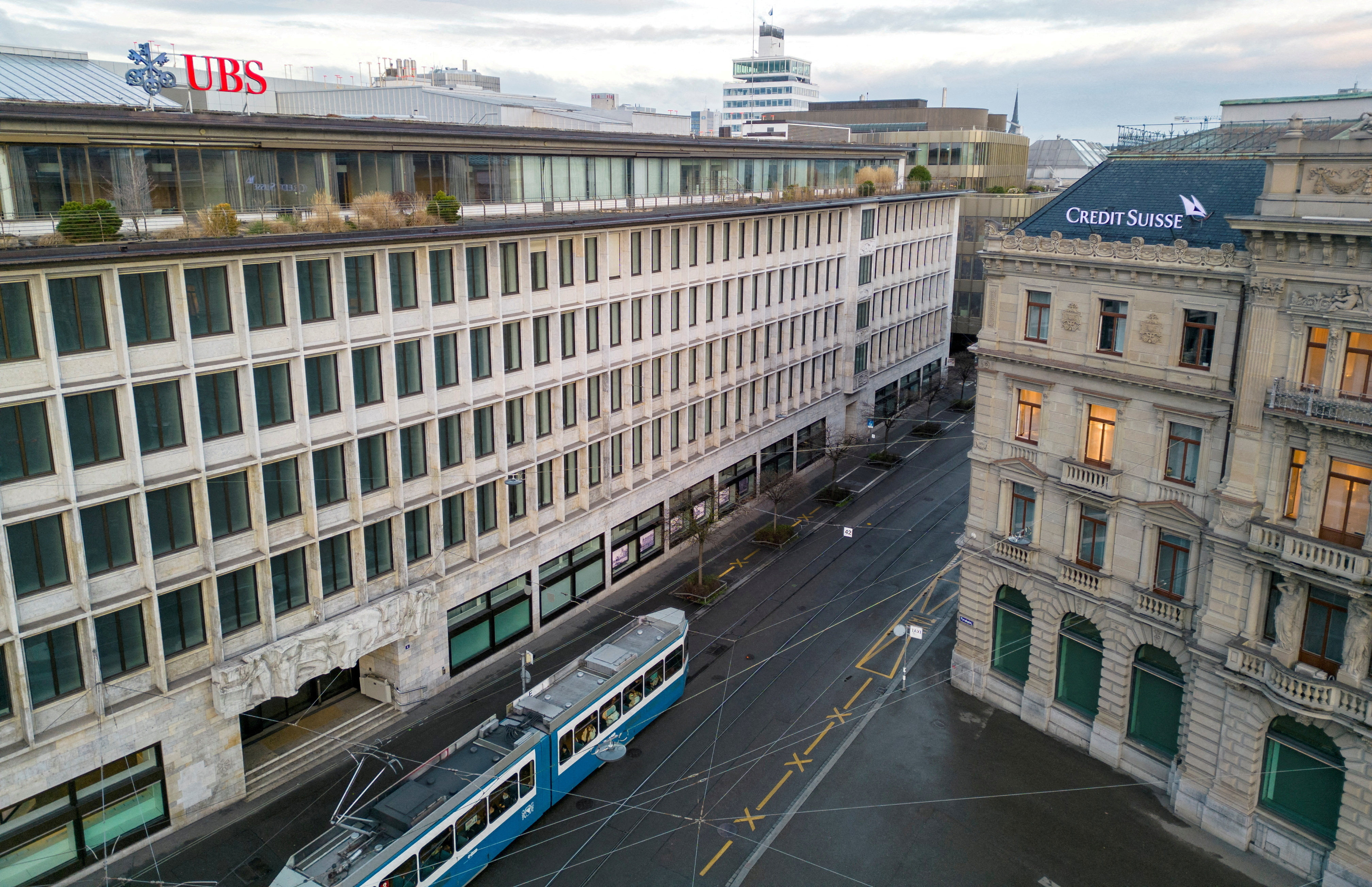 Buildings of Swiss banks UBS and Credit Suisse are seen on the Paradeplatz in Zurich, Switzerland, on March 20, 2023. Photo: Reuters