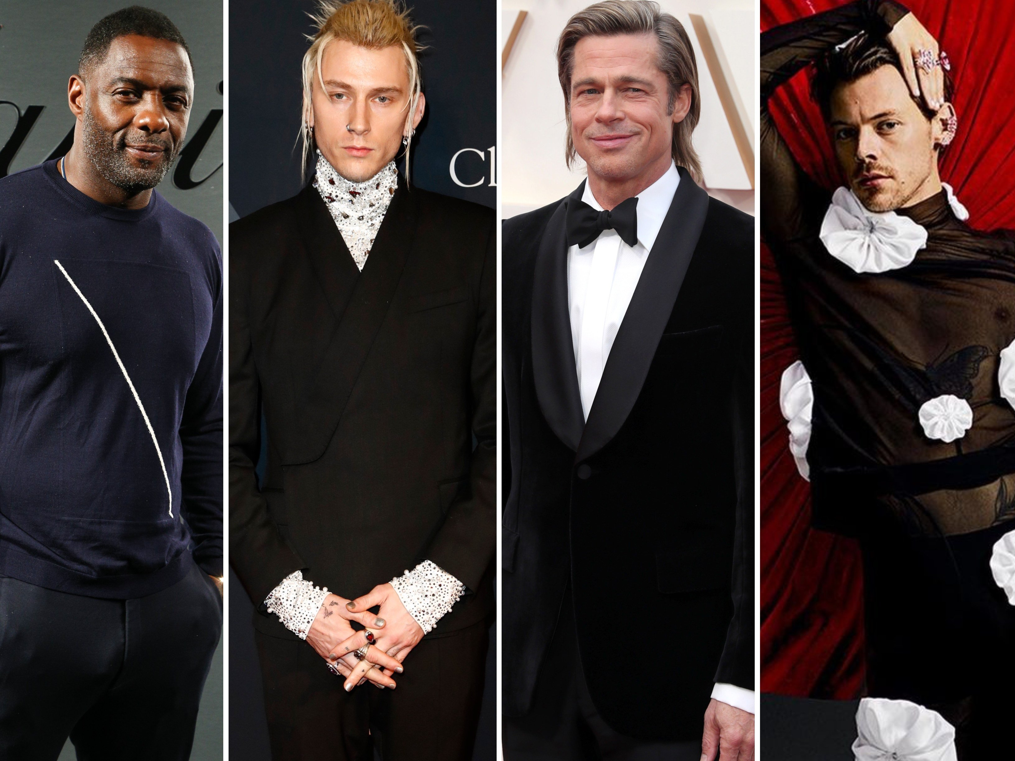 Male celebrities such as Idris Elba, Machine Gun Kelly. Brad Pitt and Harry Styles are joining in on the skincare brand hype. Photos: BFA, EPA-EFE, @pleasing/Instagram