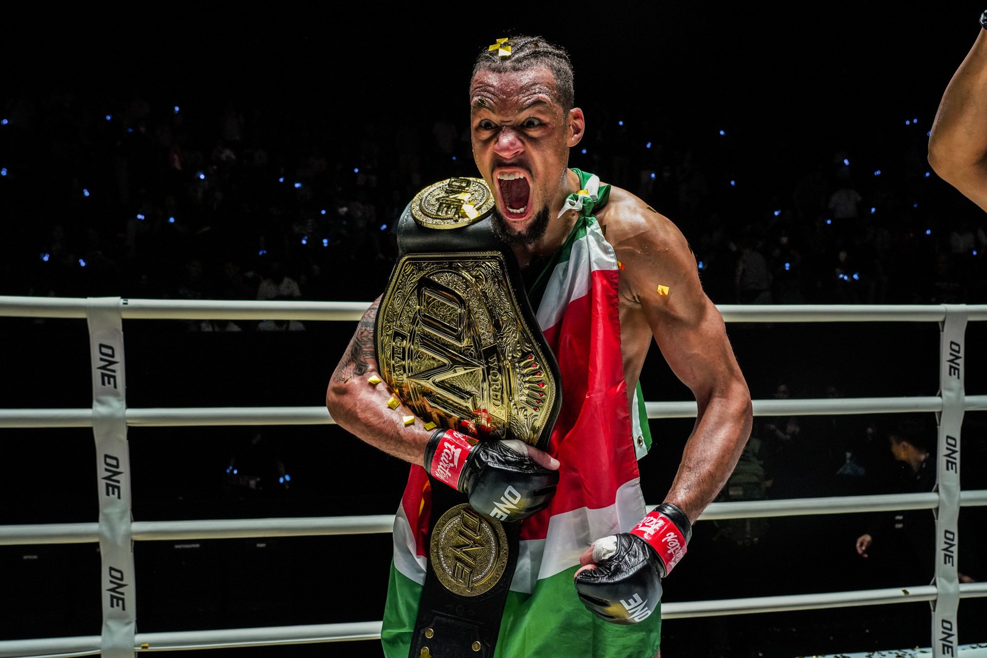 Regian Eersel celebrates a knockout win over Sinsamut Klinmee. Photos: ONE Championship