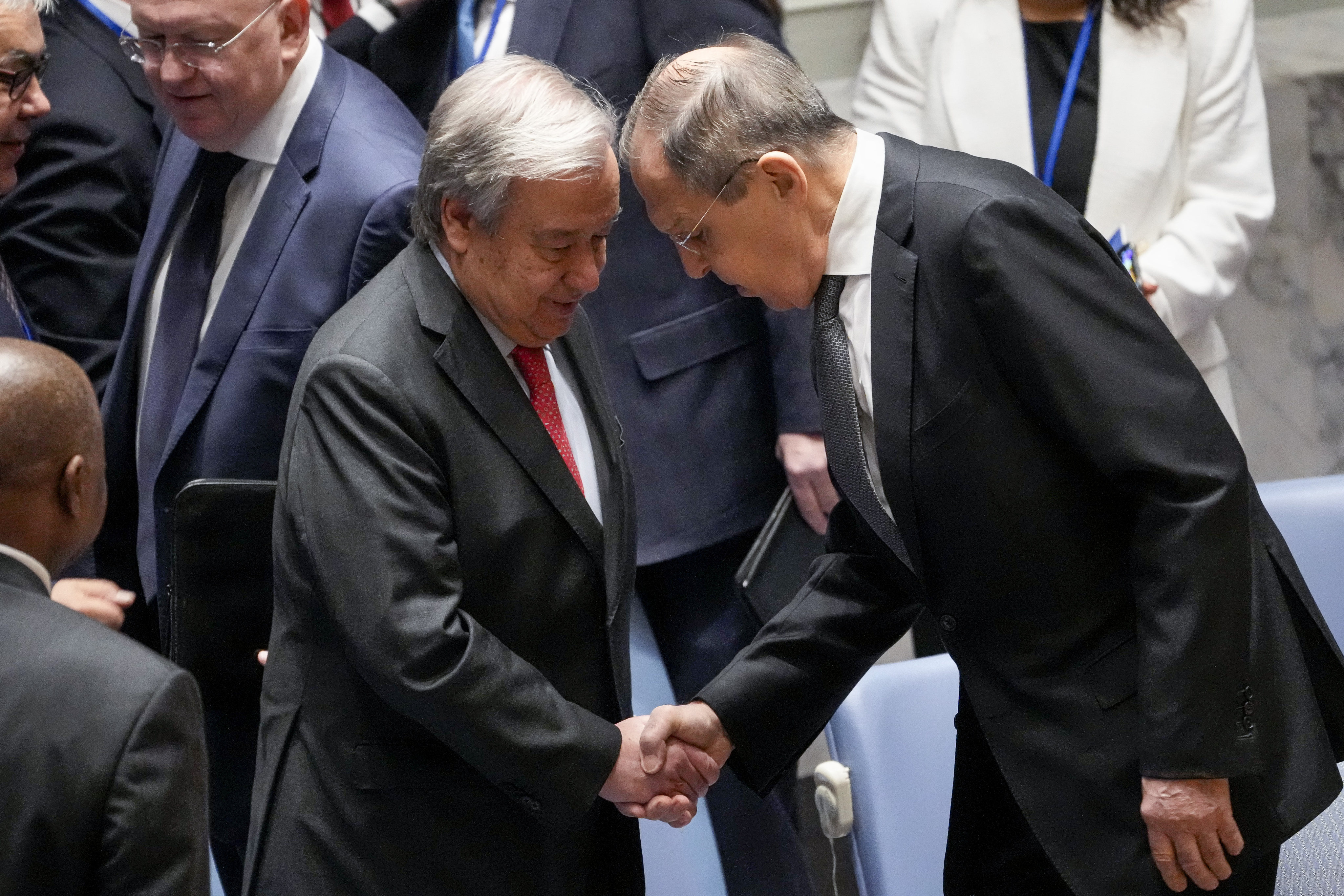 United Nations Secretary General Antonio Guterres (left) and Russia’s Foreign Minister Sergey Lavrov shake hands before a meeting of the UN Security Council on Monday. Photo: AP