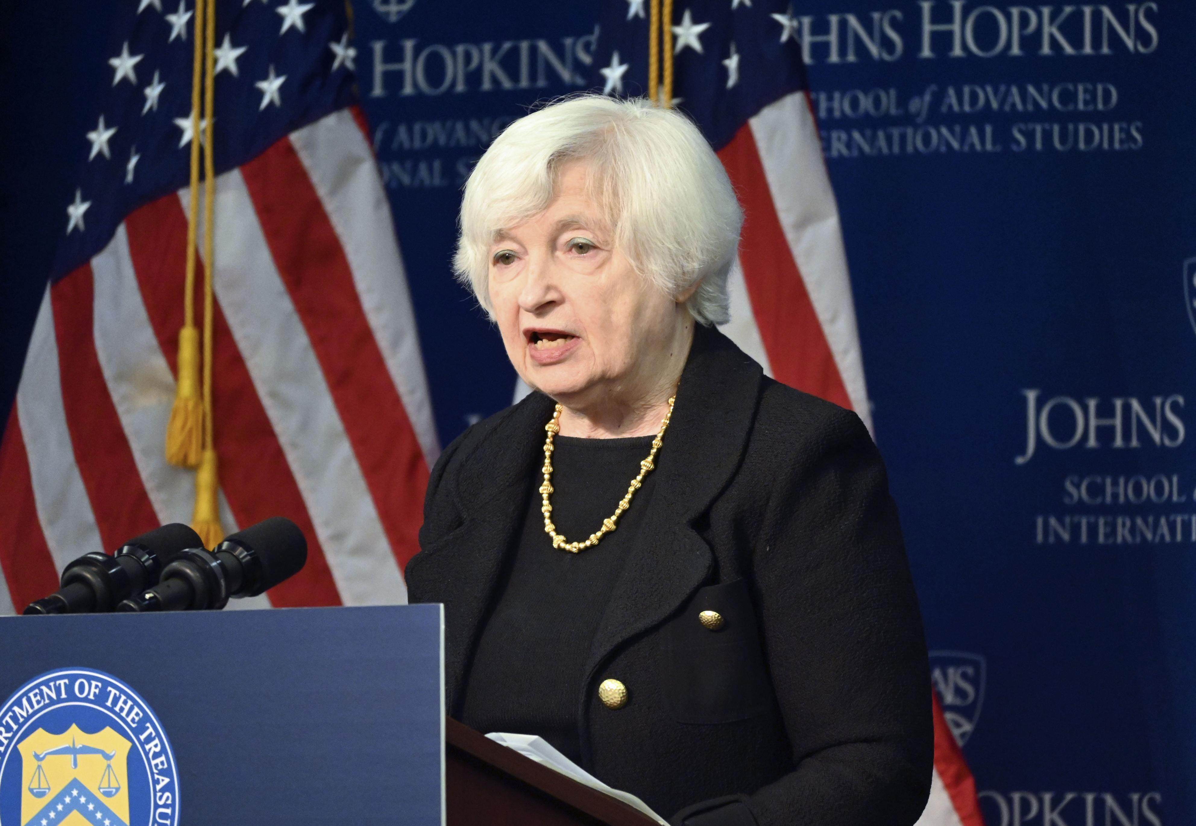 US Treasury Secretary Janet Yellen gives a speech on the US-China relationship at the Johns Hopkins University School of Advanced International Studies in Washington on April 20. The US’ chronic shortfall of domestic savings will exacerbate the economic consequences of its conflict with China. Photo: Kyodo