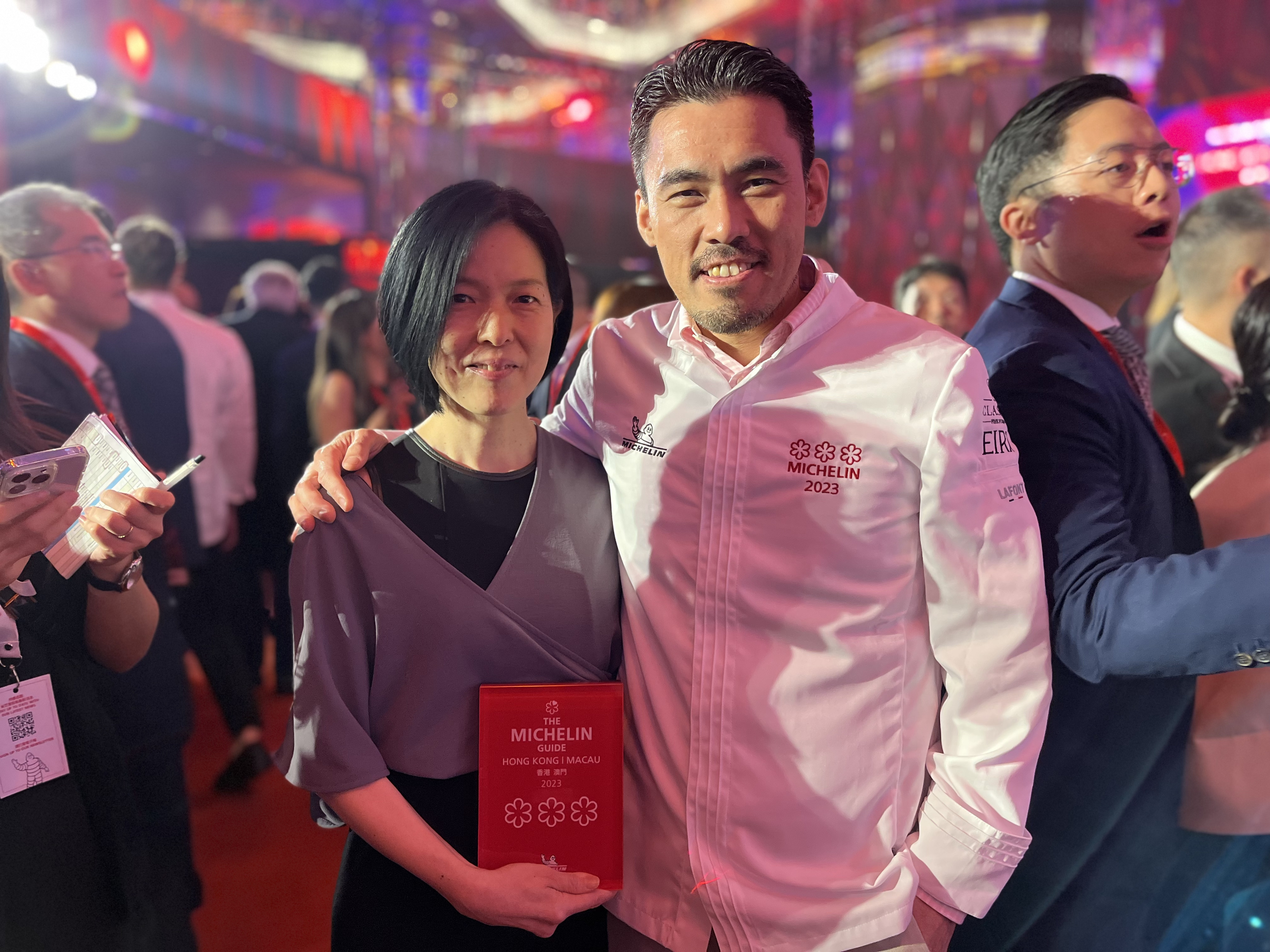 Hiromi Takano and Hideaki Sato of Ta Vie, which earned a third Michelin star in the Michelin Guide 2023 Hong Kong and Macau, at the ceremony in Macau to unveil the new edition. Photo: Charmaine Mok