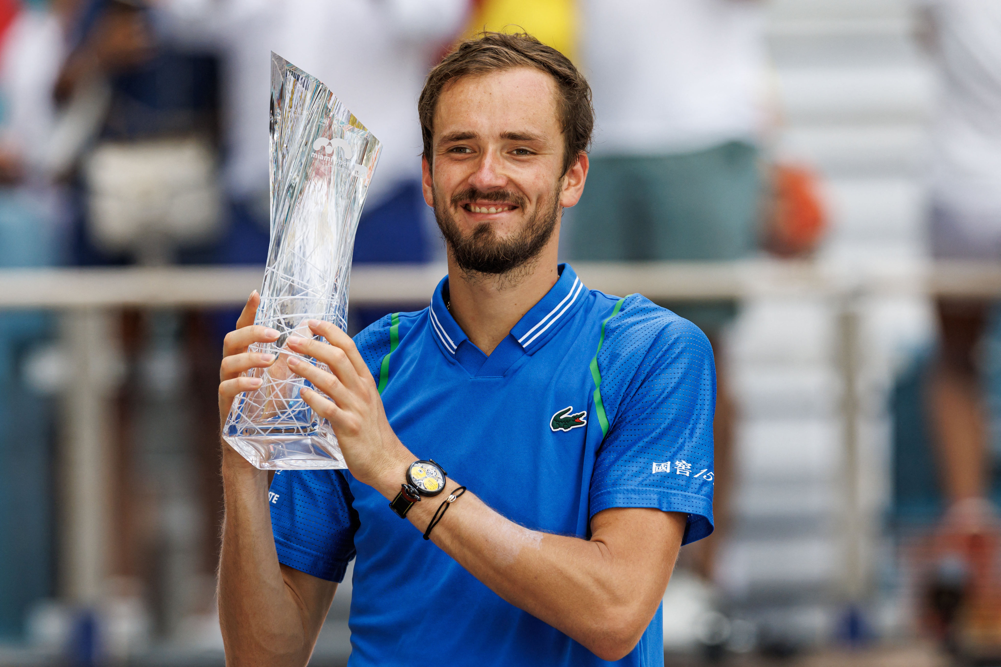 Daniil Medvedev celebrates with the trophy after his victory over Jannik Sinner in the men’s singles final of the Miami Open at Hard Rock stadium. Photo: USA TODAY Sports