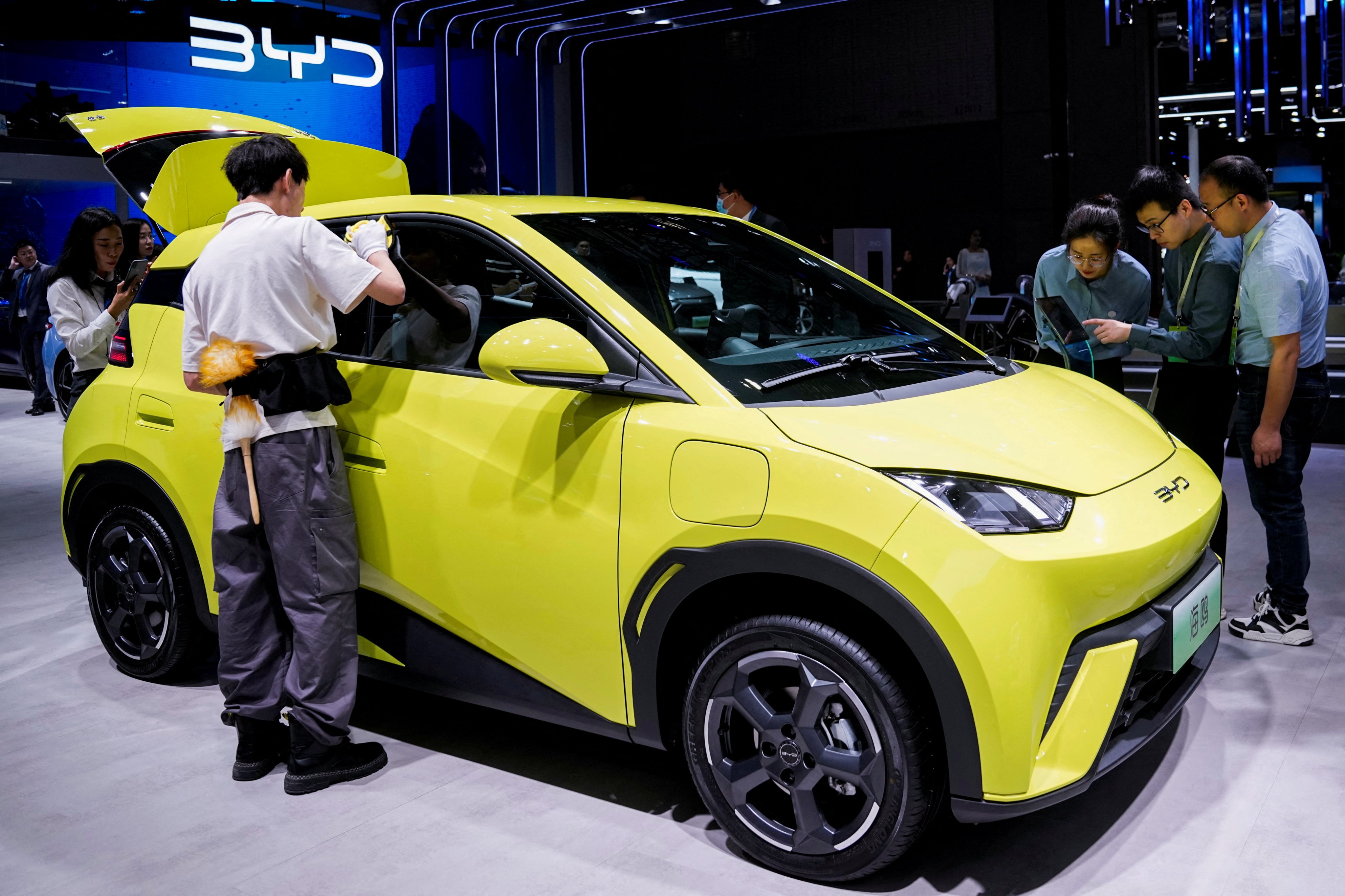 People check out BYD’s Seagull at the Shanghai auto show, in Shanghai on April 19, 2023. Photo: Reuters