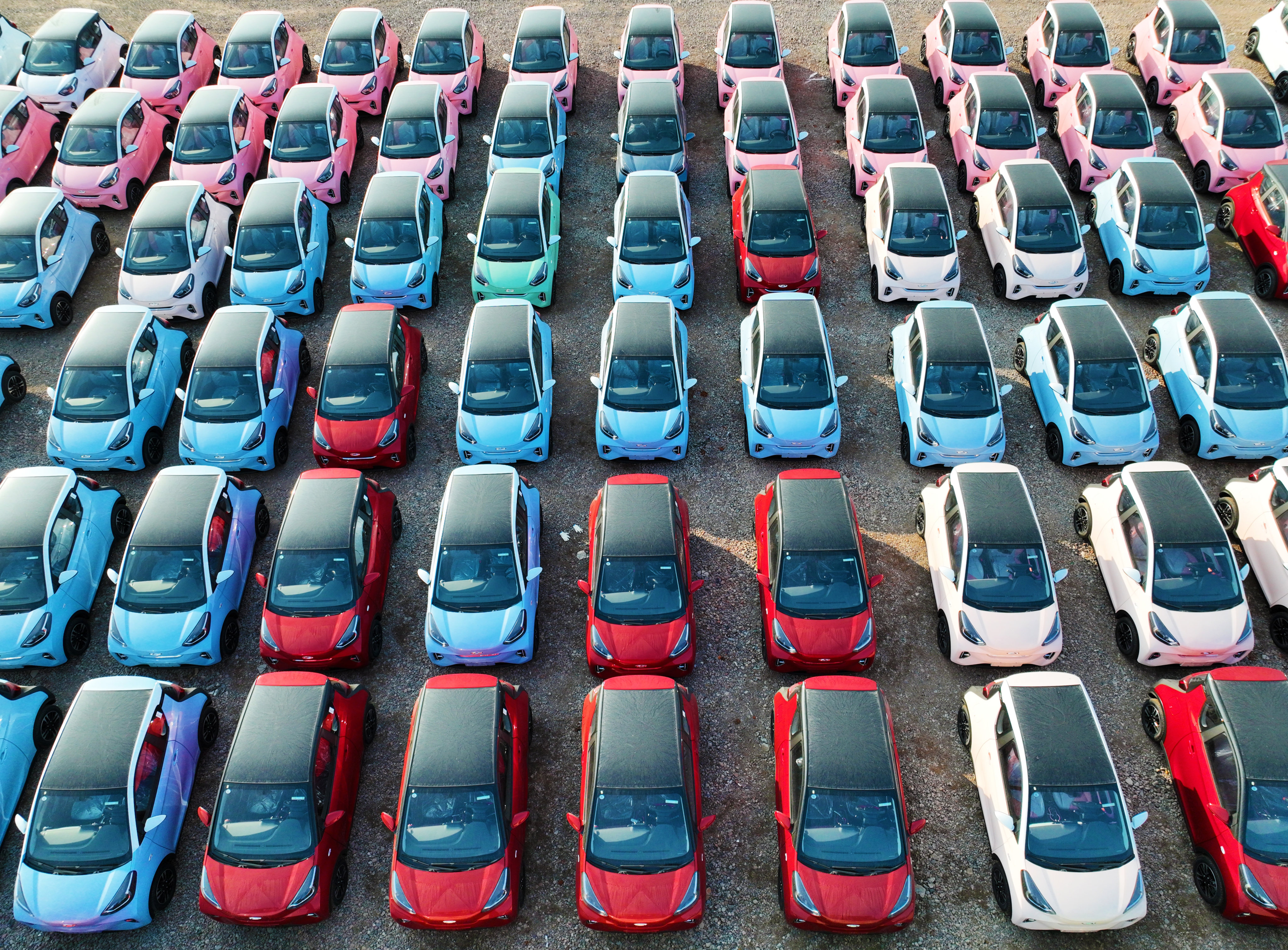 Aerial view of electric cars sitting parked at a factory of Chery New Energy Automobile. Photo: Getty Images