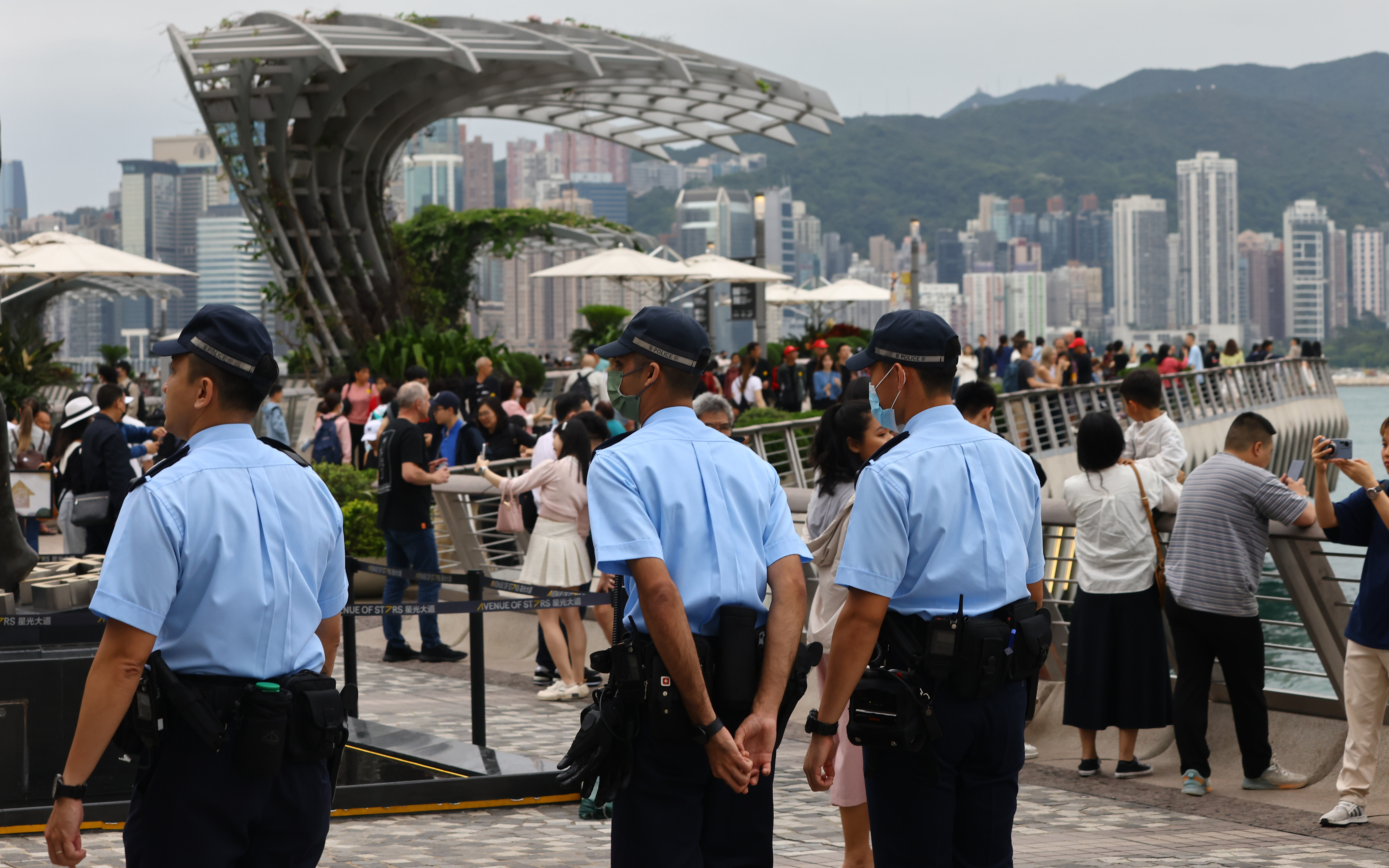 Police patrol the tourist-thronged  Avenue of Stars in Tsim Sha Tsui. Photo: Dickson Lee