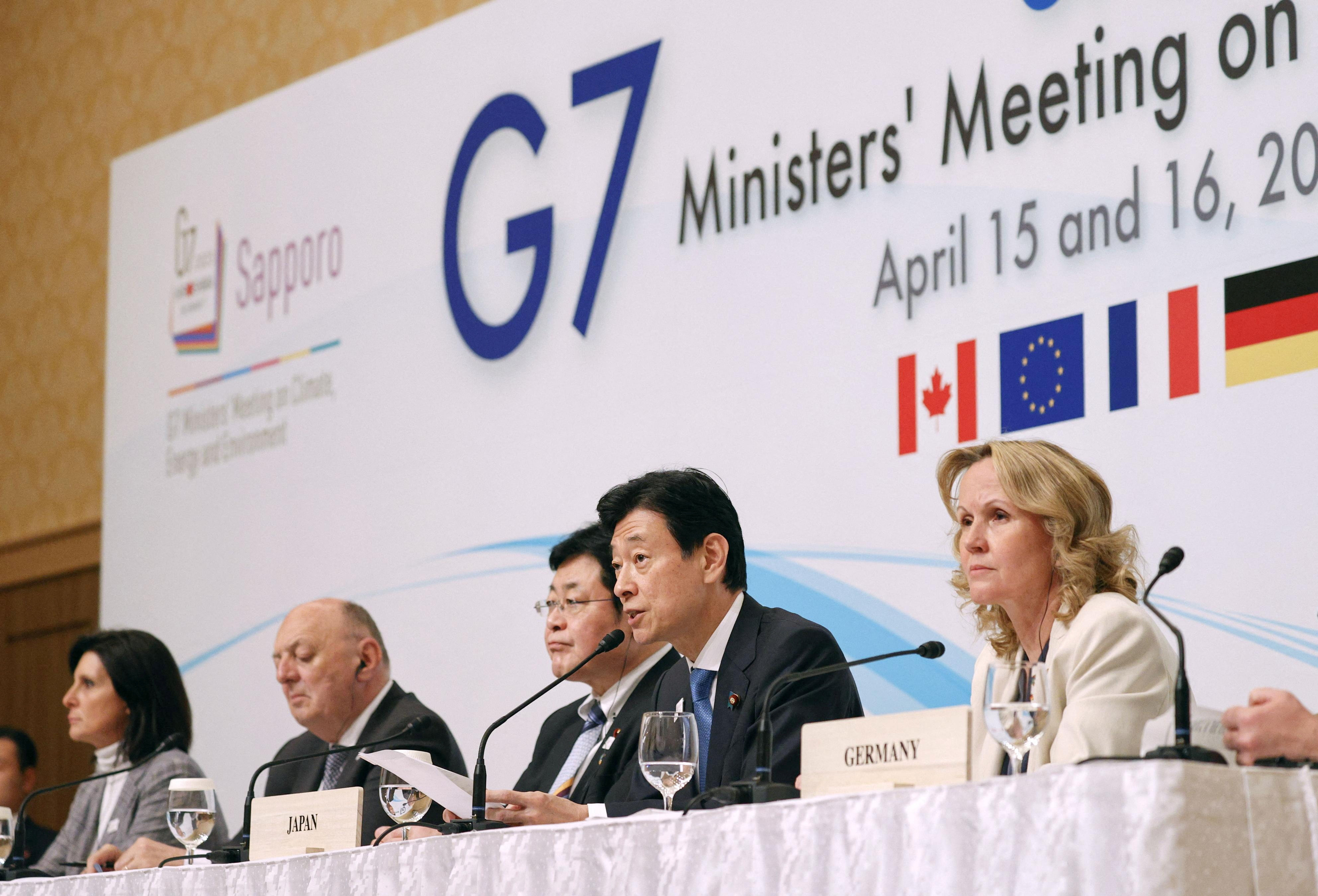 Japan’s Environment Minister Akihiro Nishimura (centre) and Minister of Economy, Trade and Industry Yasutoshi Nishimura (second right) attend a news conference of the Group of 7 Ministers’ Meeting on Climate, Energy and Environment, in Sapporo, Japan, on April 16. Photo: Kyodo