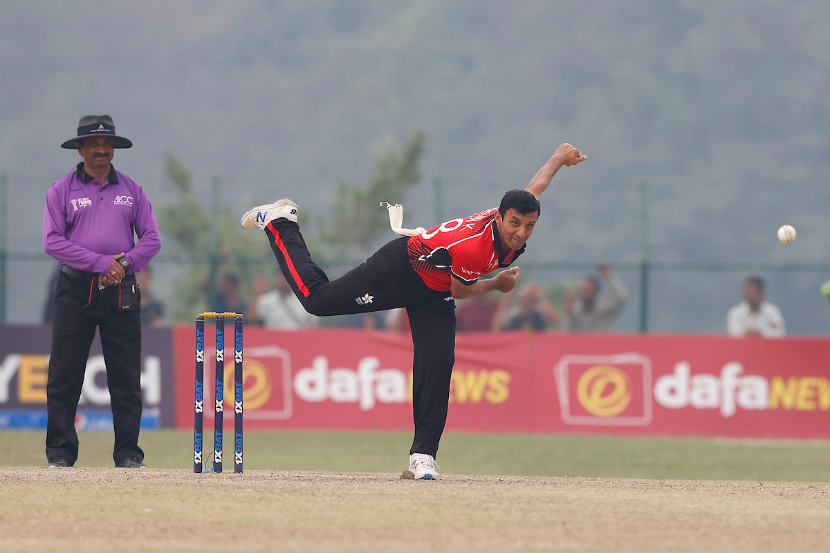 Ehsan Khan bowls during the ACC Men’s Premier Cup 2023 Group B match between United Arab Emirates and Hong Kong held at the Mulpani Cricket Stadium in Kathmandu. Photo: Asian Cricket Council