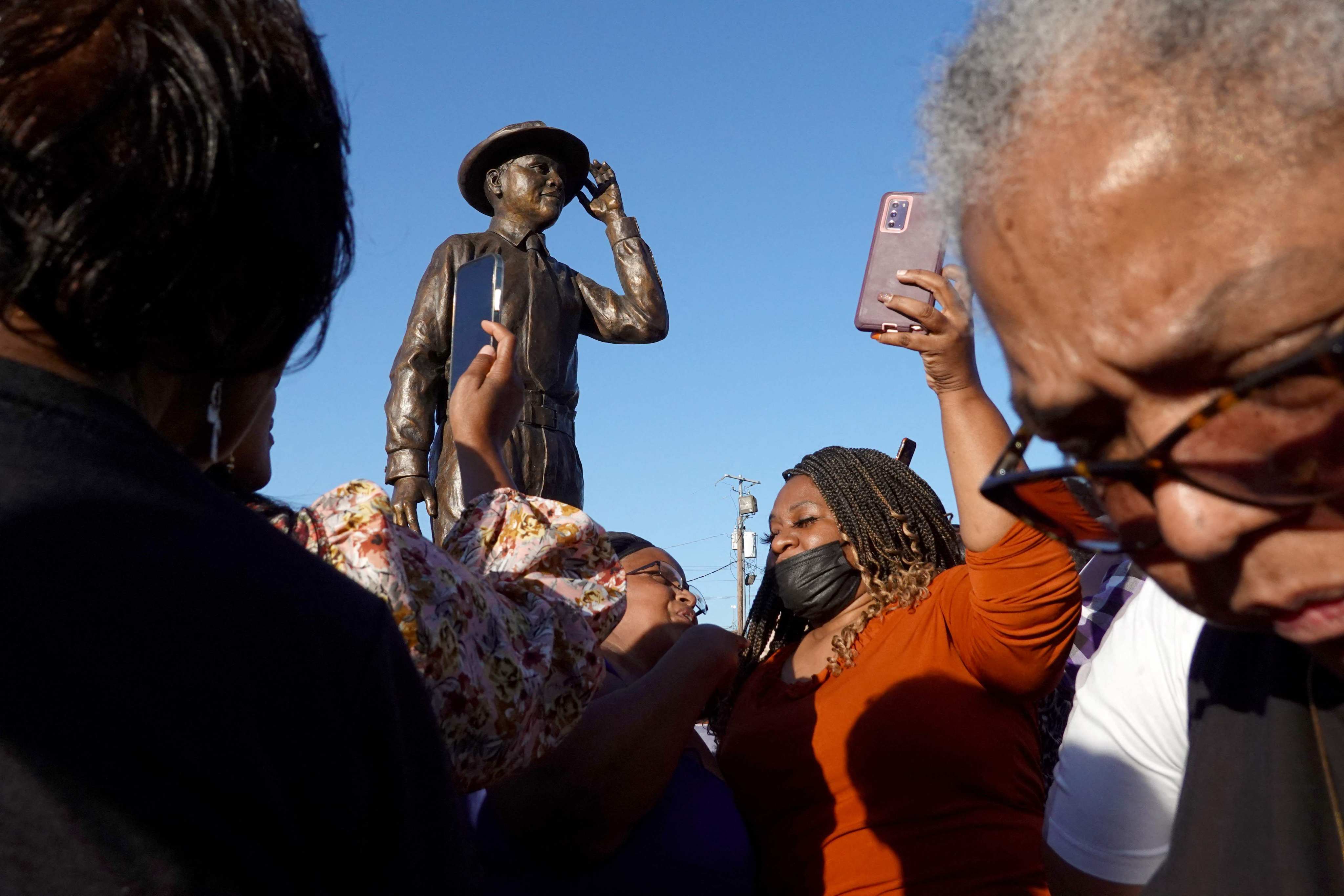 A statue of Emmett Till is unveiled in October 2022 in Greenwood, Mississippi. Photo: AFP