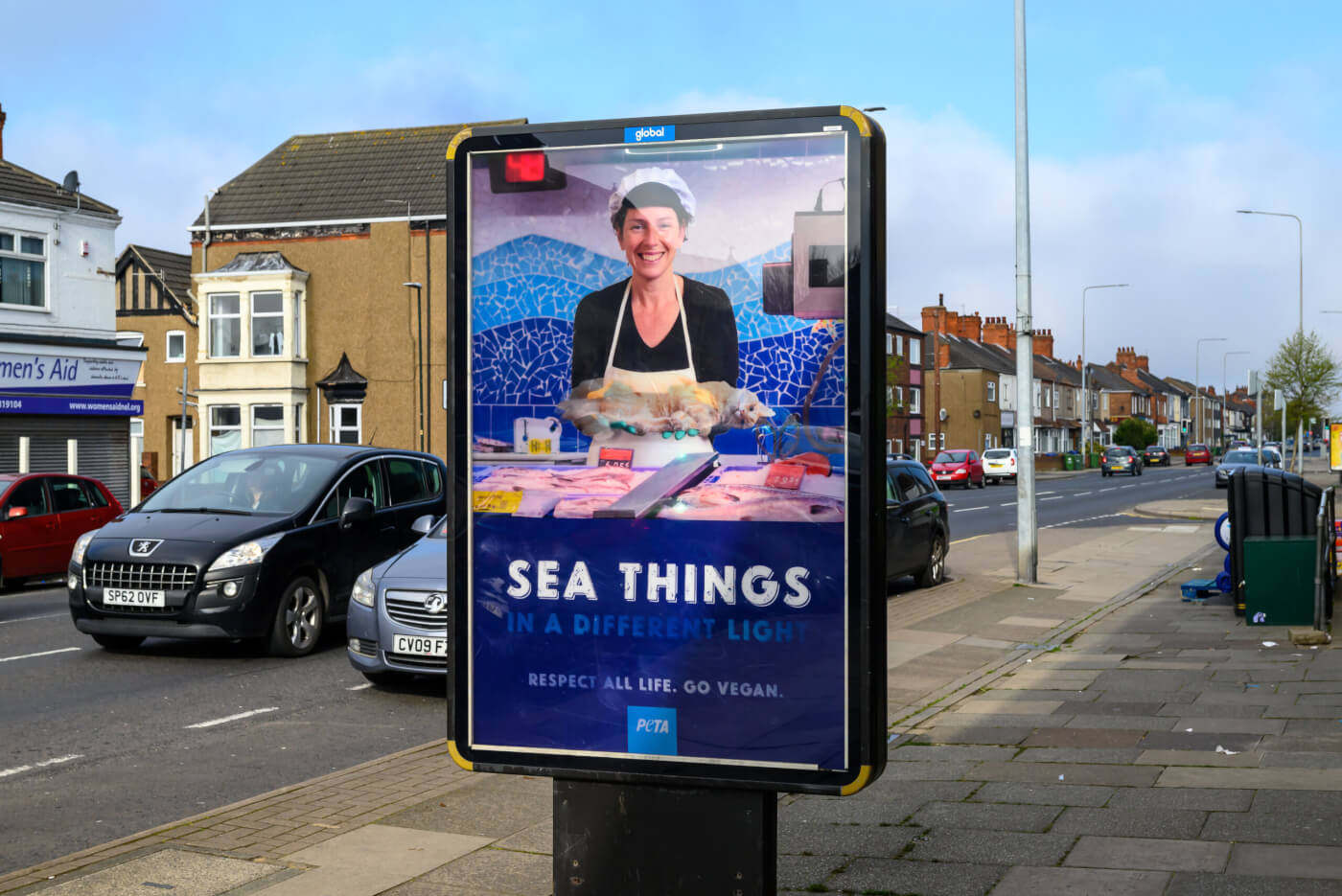 An advertisement put up by animal rights group PETA, in the English seaside town of Cleethorpes, has gone viral after suggesting that eating cats and fish is the same thing. Photo: PETA 