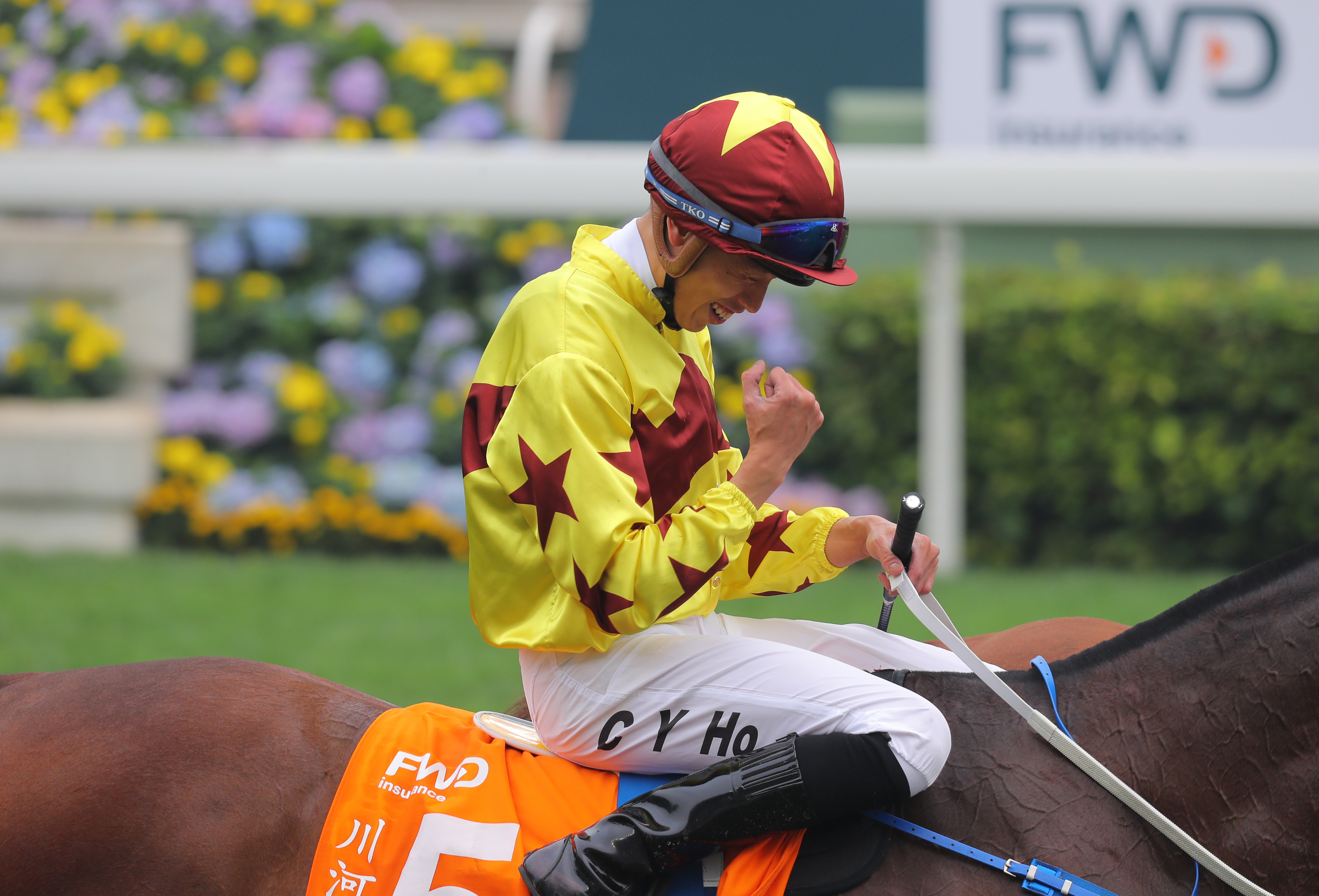 Vincent Ho celebrates after winning the 2020 Champions Mile aboard Southern Legend. Photo: Kenneth Chan