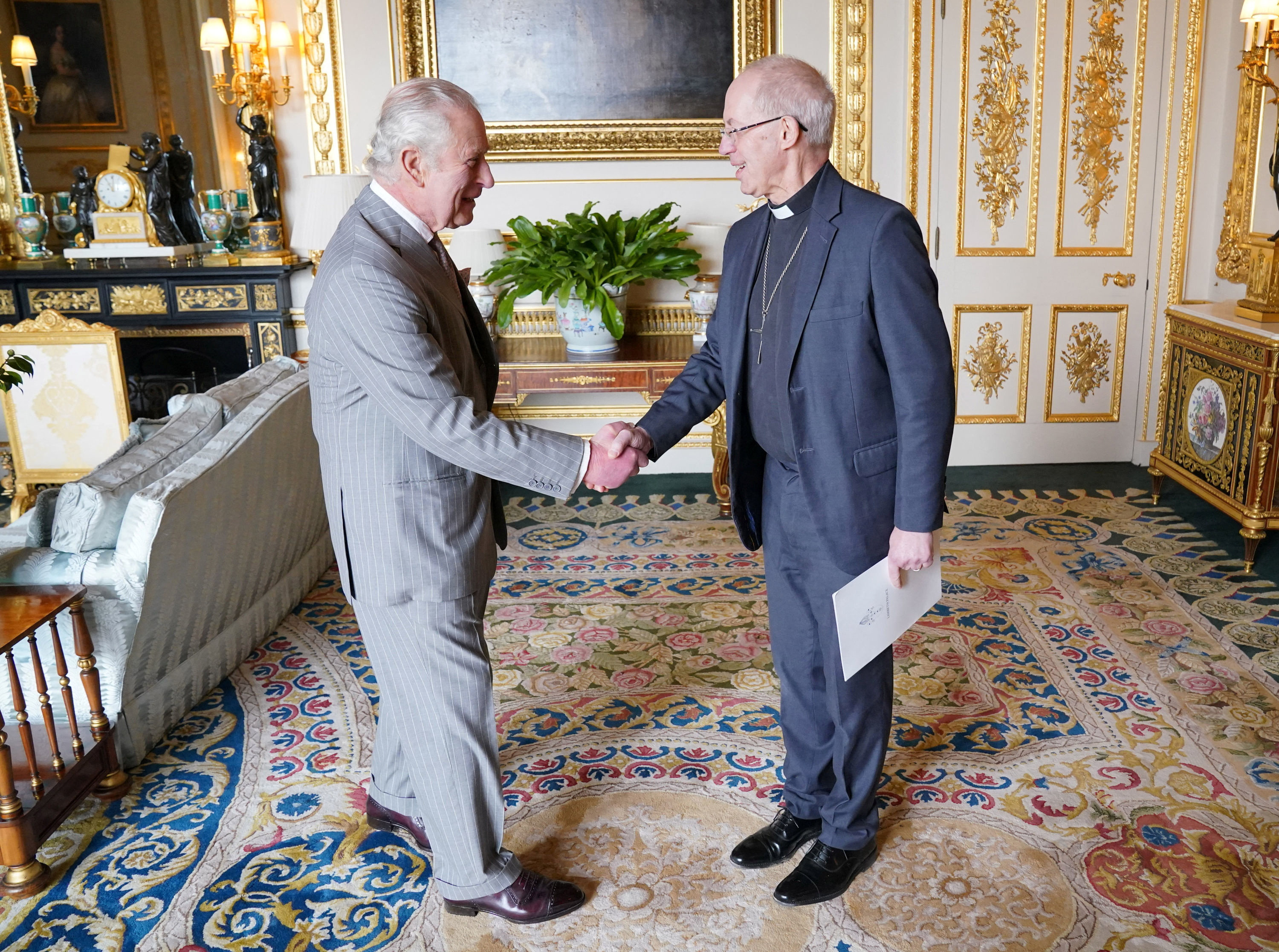 Britain’s King Charles receives the Archbishop of Canterbury Justin Welby in the White Drawing Room for an audience ahead of the coronation, at Windsor Castle, Berskhire, UK on April 5. Photo: Pool via Reuters
