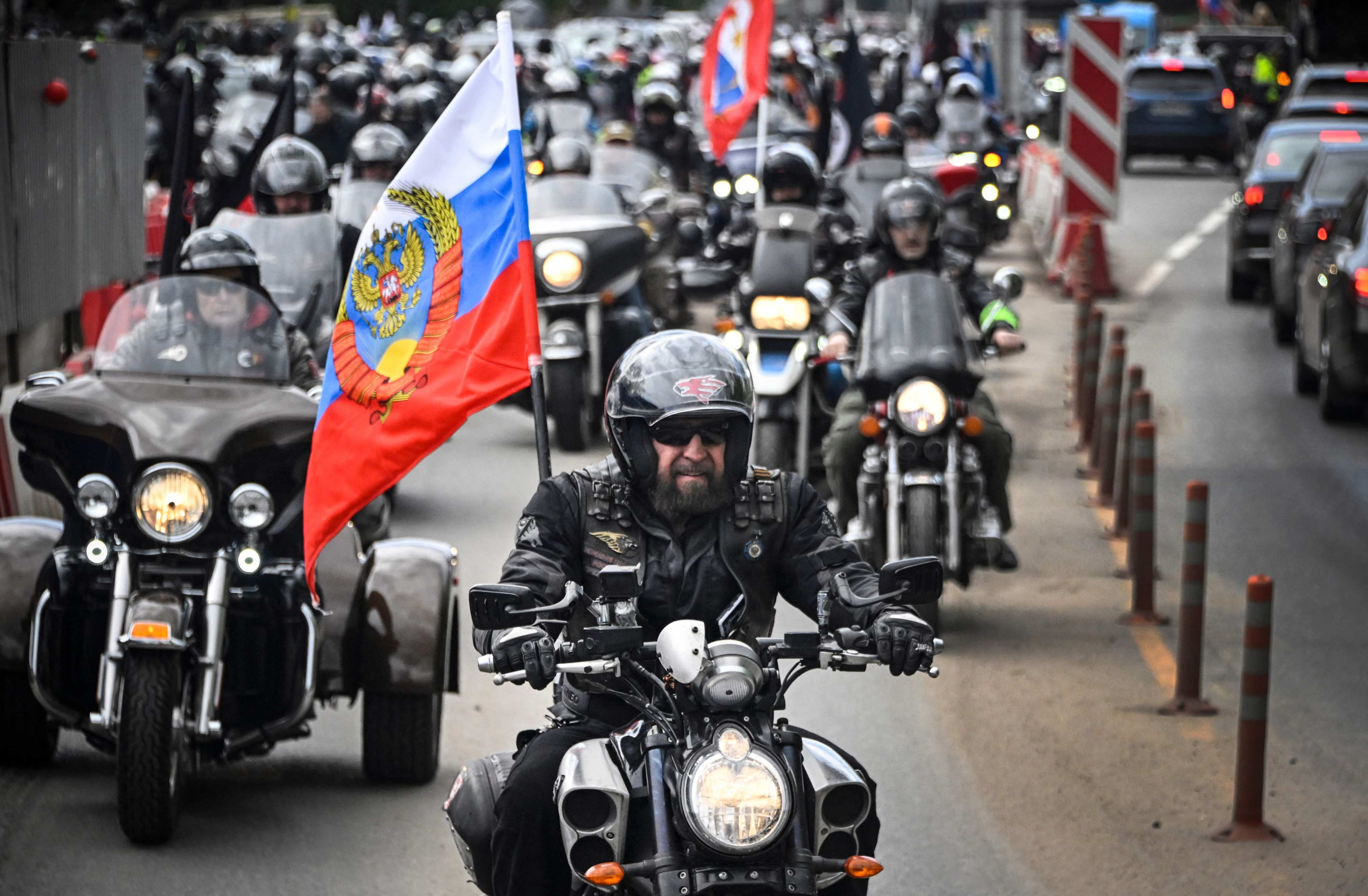 Alexander Zaldostanov, centre, a leader of the Night Wolves bikers’ club, leads a convoy in Moscow on Saturday. Photo: AFP