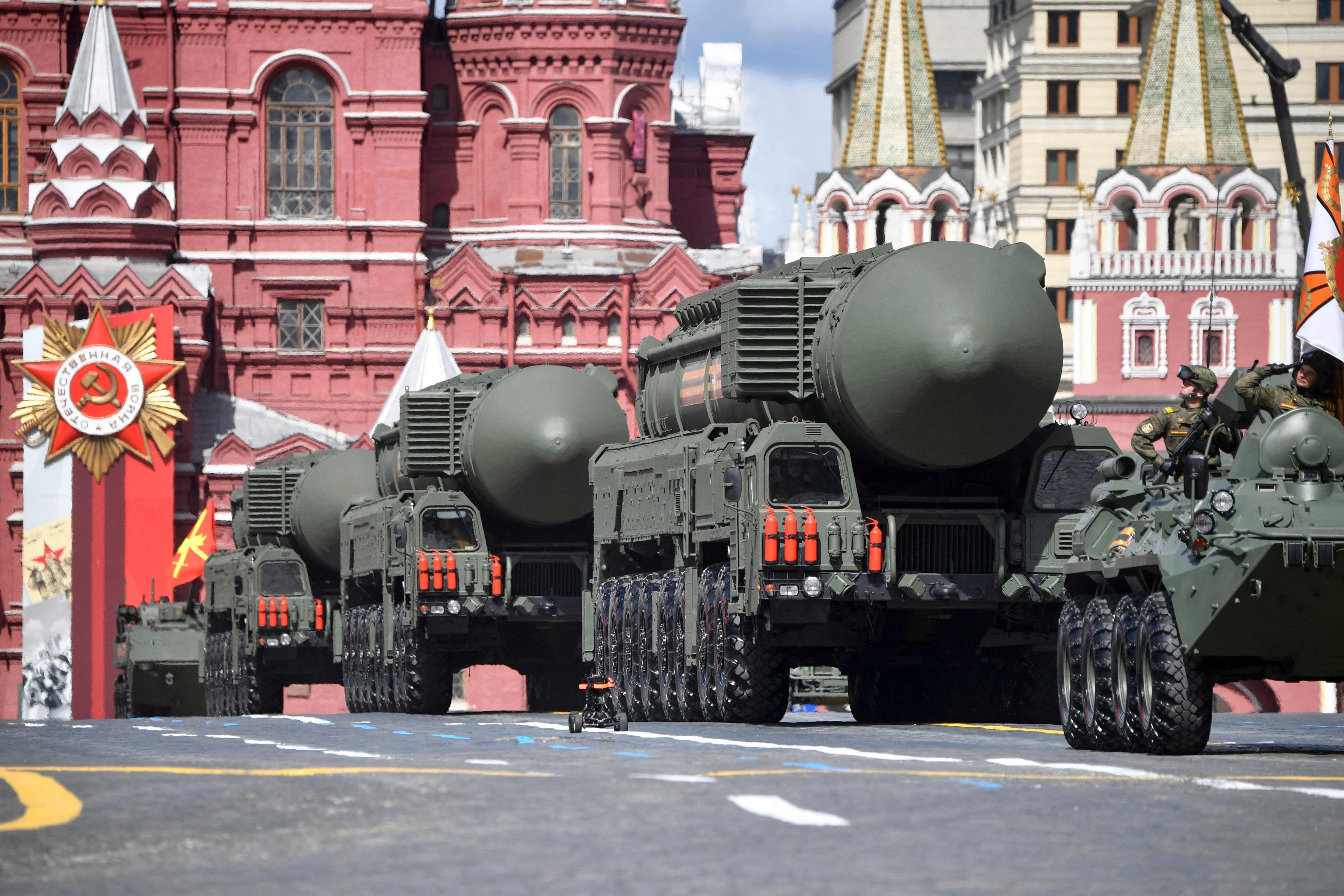 Russian Yars intercontinental ballistic missile launchers parade through Red Square during the Victory Day military parade in central Moscow on May 9, 2022. Photo: AFP
