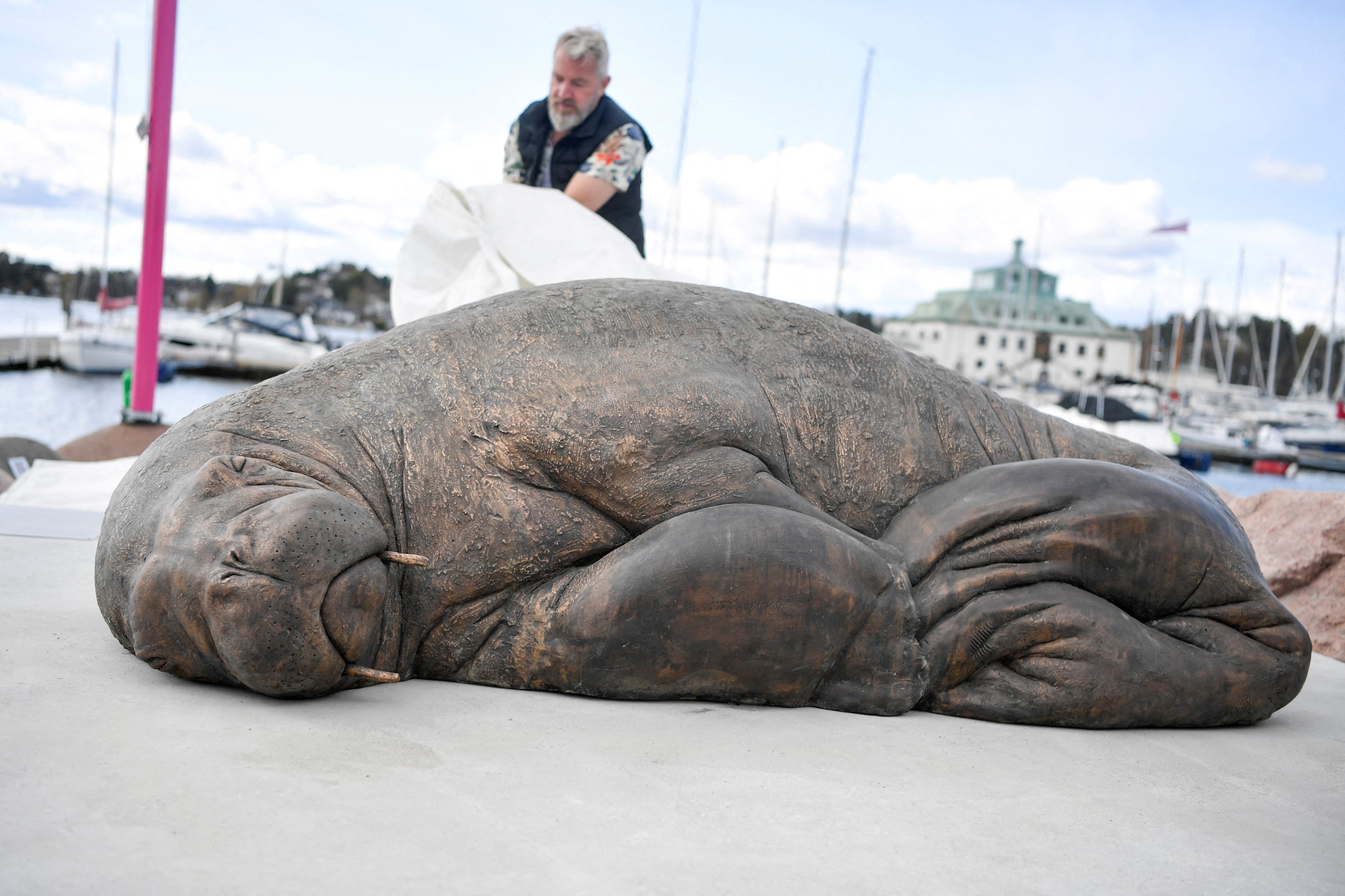The sculpture of Freya the walrus, made by the artist Astri Tonoian is unveiled at Kongen Marina by Frognerkilen, Oslo, Norway on Saturday. Photo: NTB / Annika Byrde via Reuters