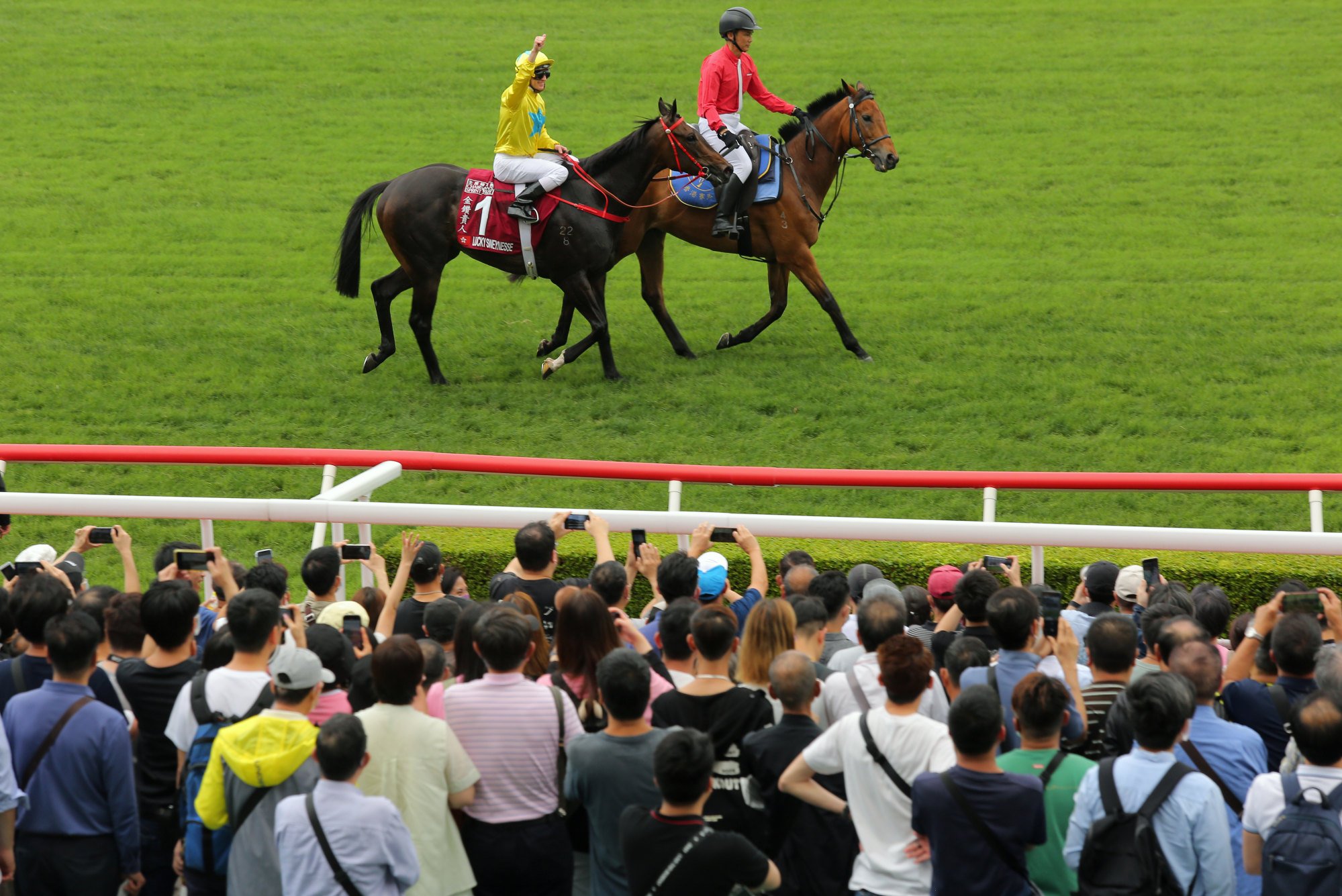 Zac Purton salutes the crowd after Lucky Sweynesse’s victory at Sha Tin on Sunday.