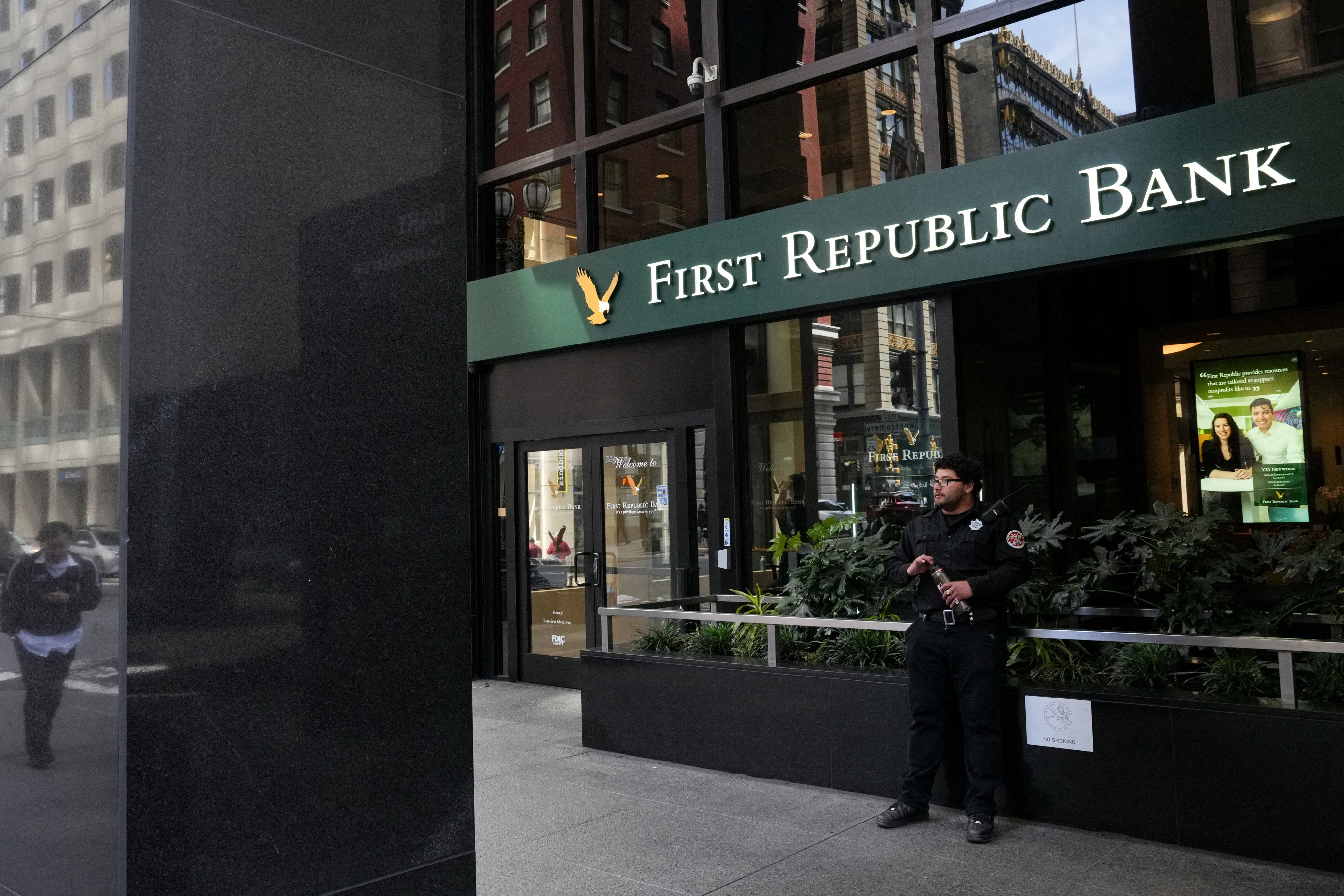 A security guard stands outside a First Republic Bank branch in San Francisco, California, US on Friday. Photo: Reuters