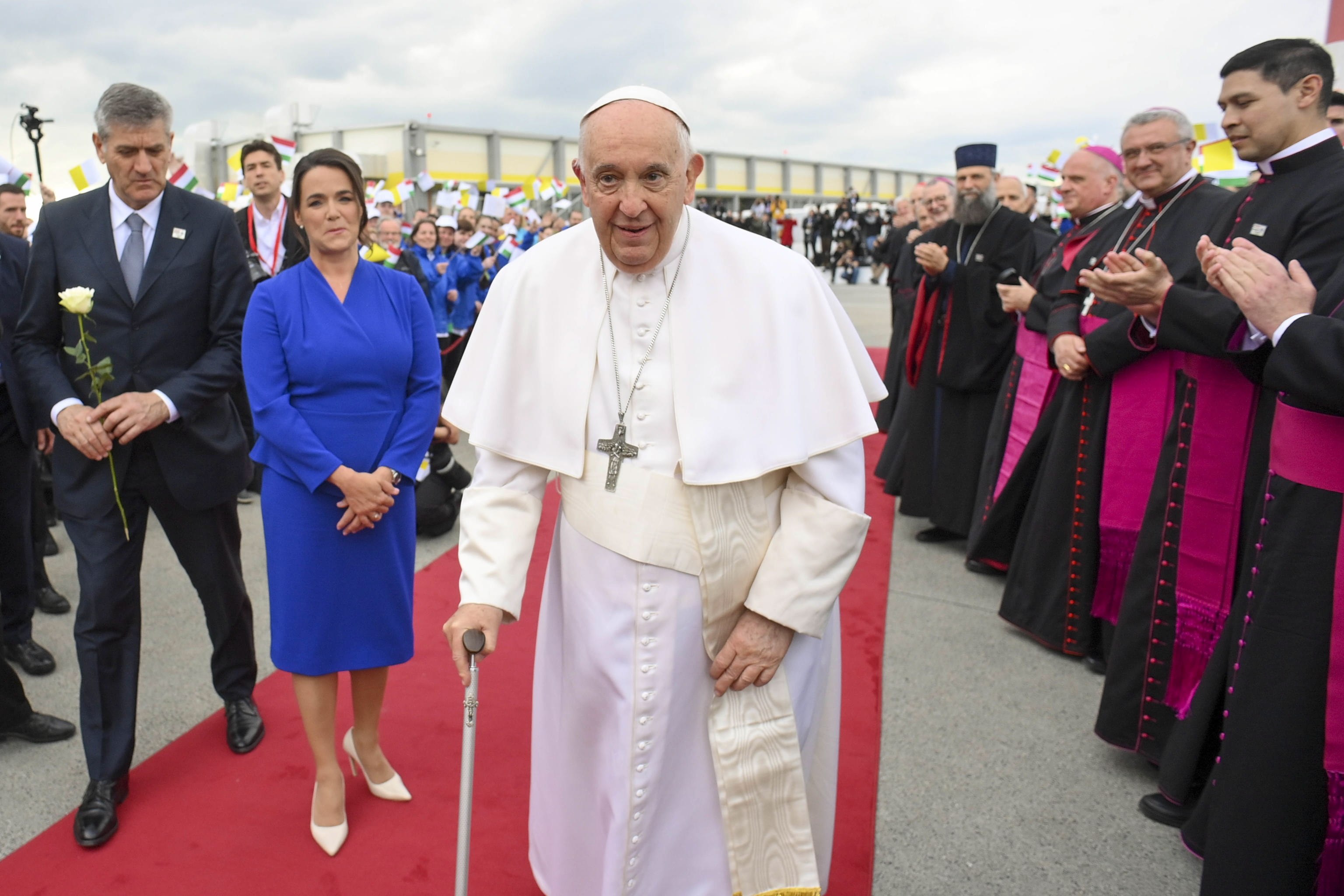 Pope Francis during the farewell ceremony at Budapest International Airport at the end of his visit to Hungary, in Budapest, Hungary on Sunday. Photo: Vatican Media Handout / EPA-EFE 