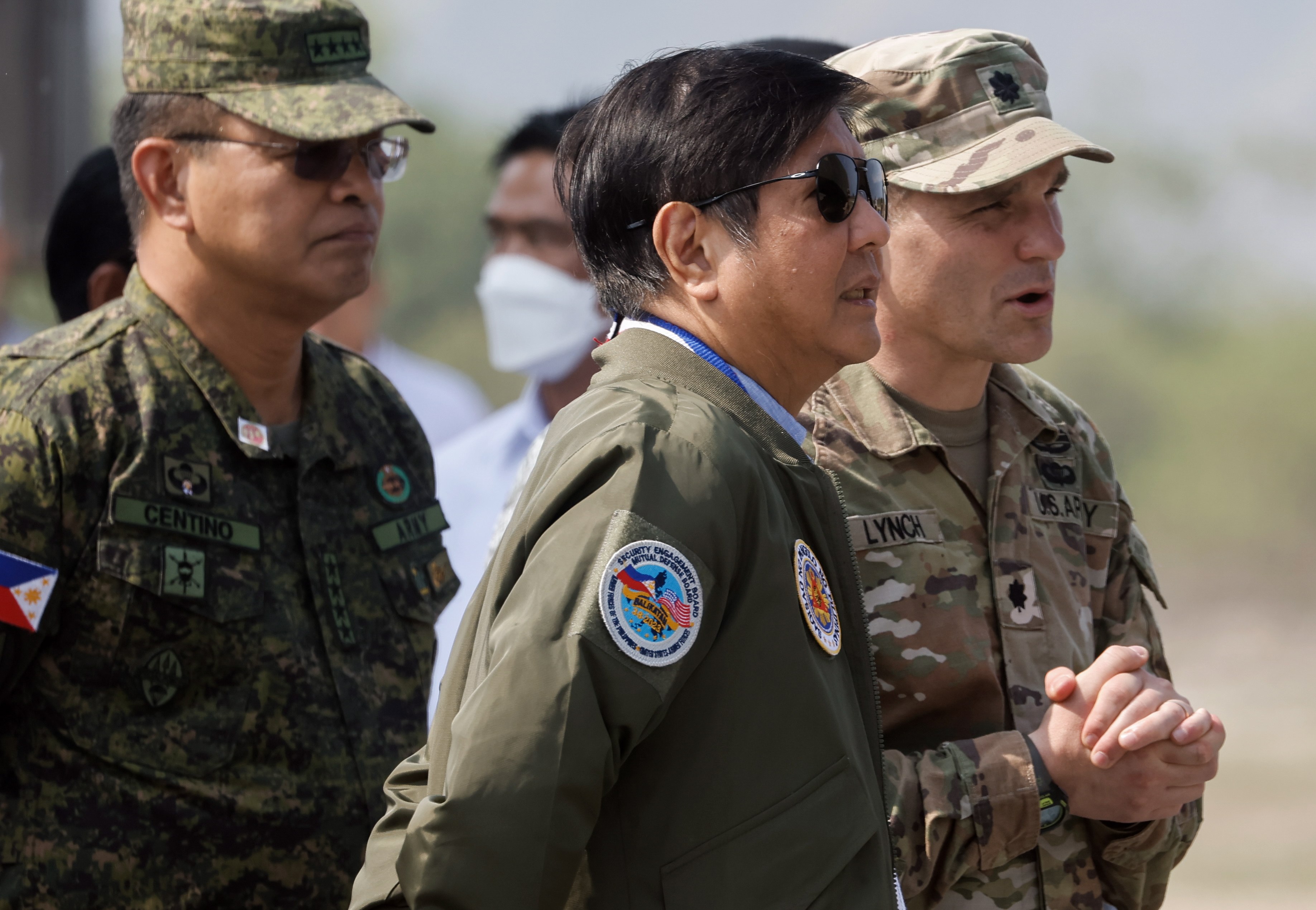 Philippine President Ferdinand Marcos Jnr is joined by Andres Centino, his armed forces chief of staff, and US army lieutenant colonel Timothy Lynch at a Balikatan briefing on April 26 in Zambales province, north of Manila, in the Philippines. Photo: EPA-EFE