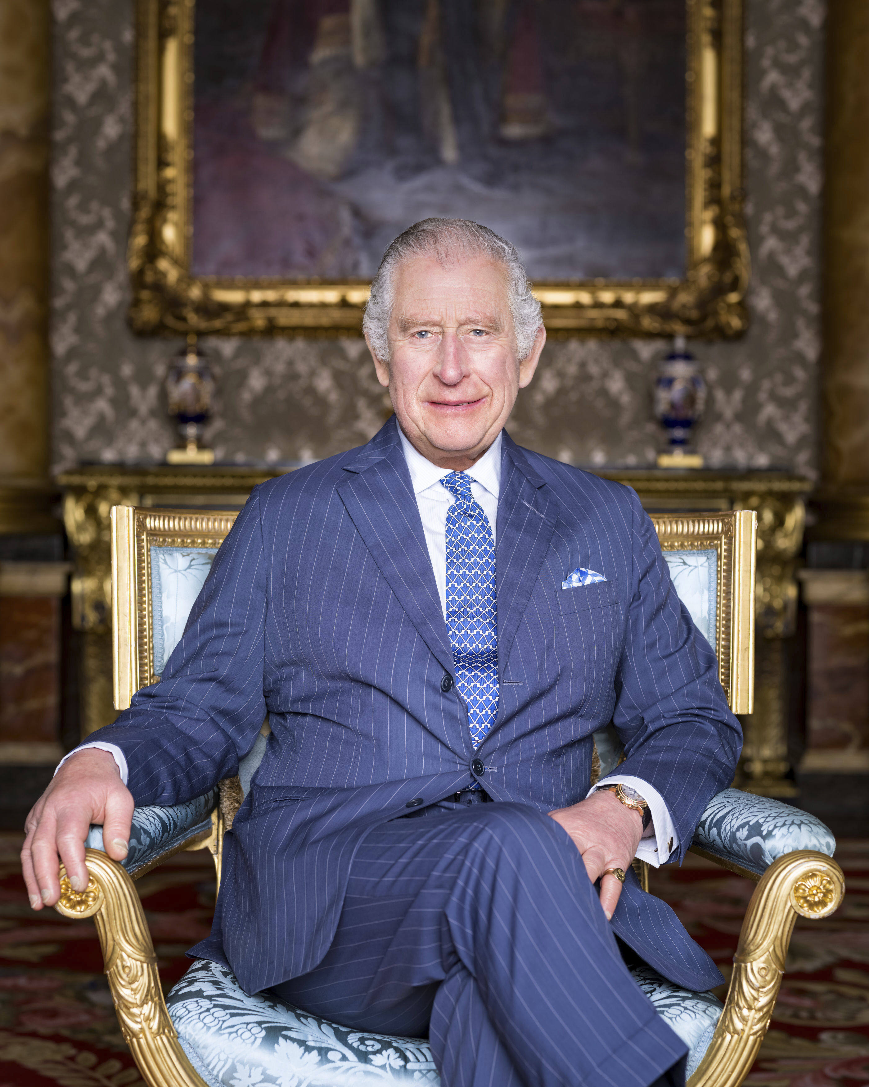 Britain’s King Charles poses for a photograph in the Blue Drawing Room at Buckingham Palace, London. Photo: Buckingham Palace via AP