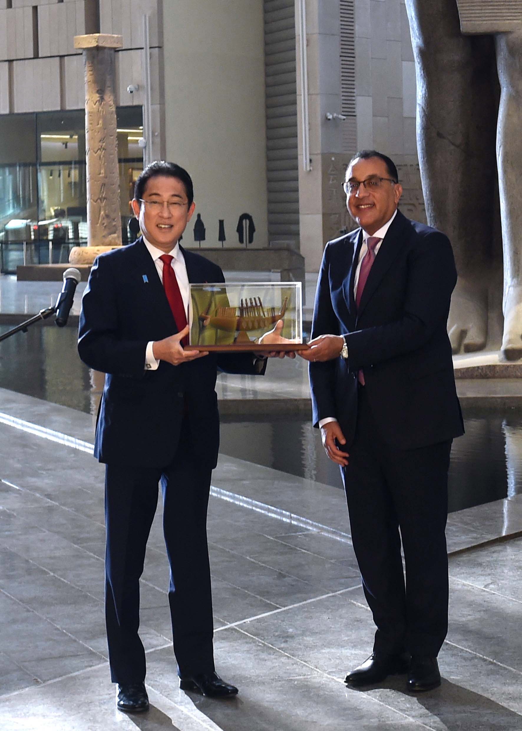 Egyptian Prime Minister Mostafa Madbouly, right, and Japan’s Prime Minister Fumio Kishida at the Grand Egyptian Museum in Giza, Egypt on Sunday. Photo:  EPA-EFE / Egyptian Prime Minister Office / Handout  