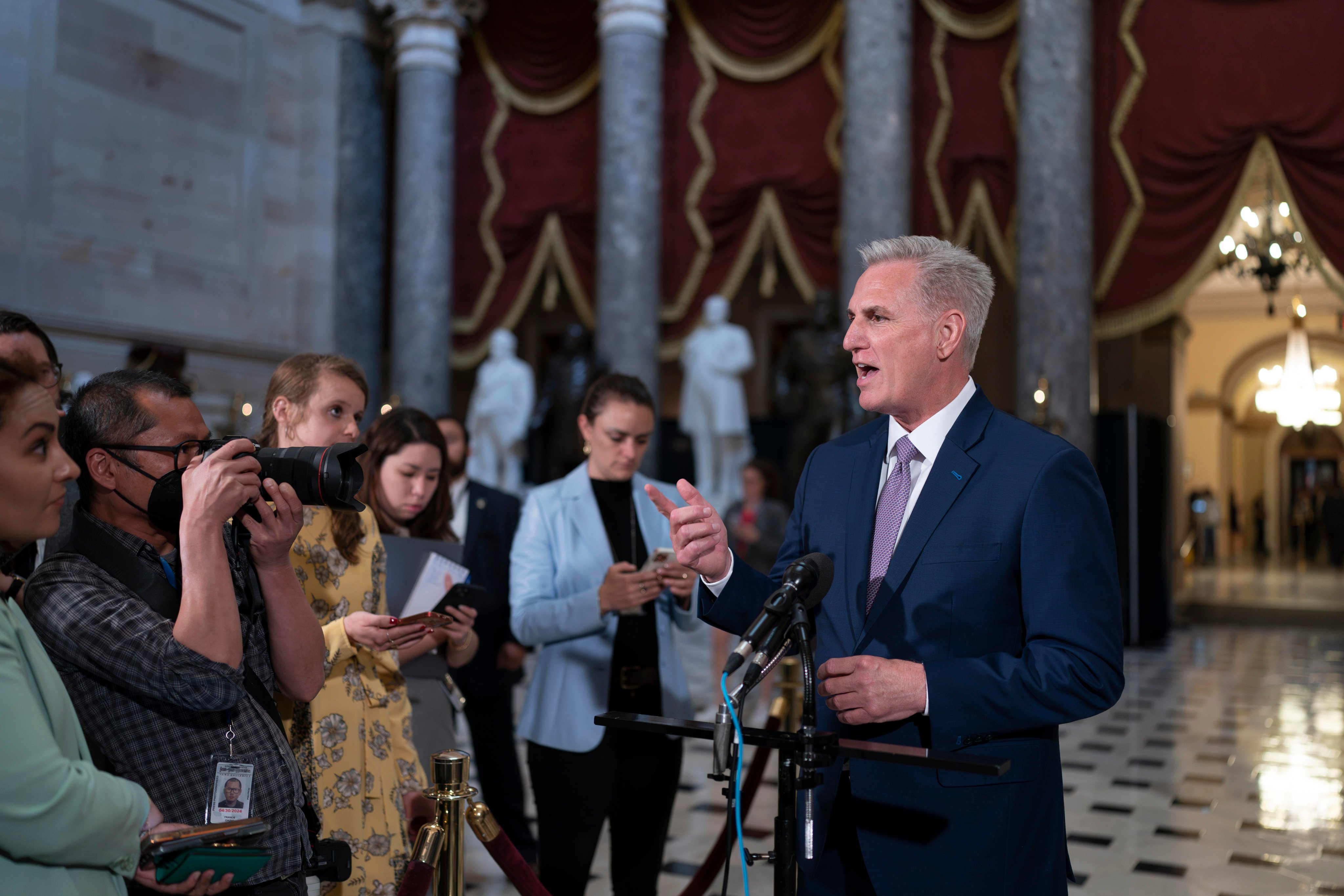 House Speaker Kevin McCarthy talks to reporters at the Capitol in Washington on April 26, just after the Republican majority in the House narrowly passed a sweeping debt ceiling package to try to push President Joe Biden into negotiations on federal spending. Photo: AP