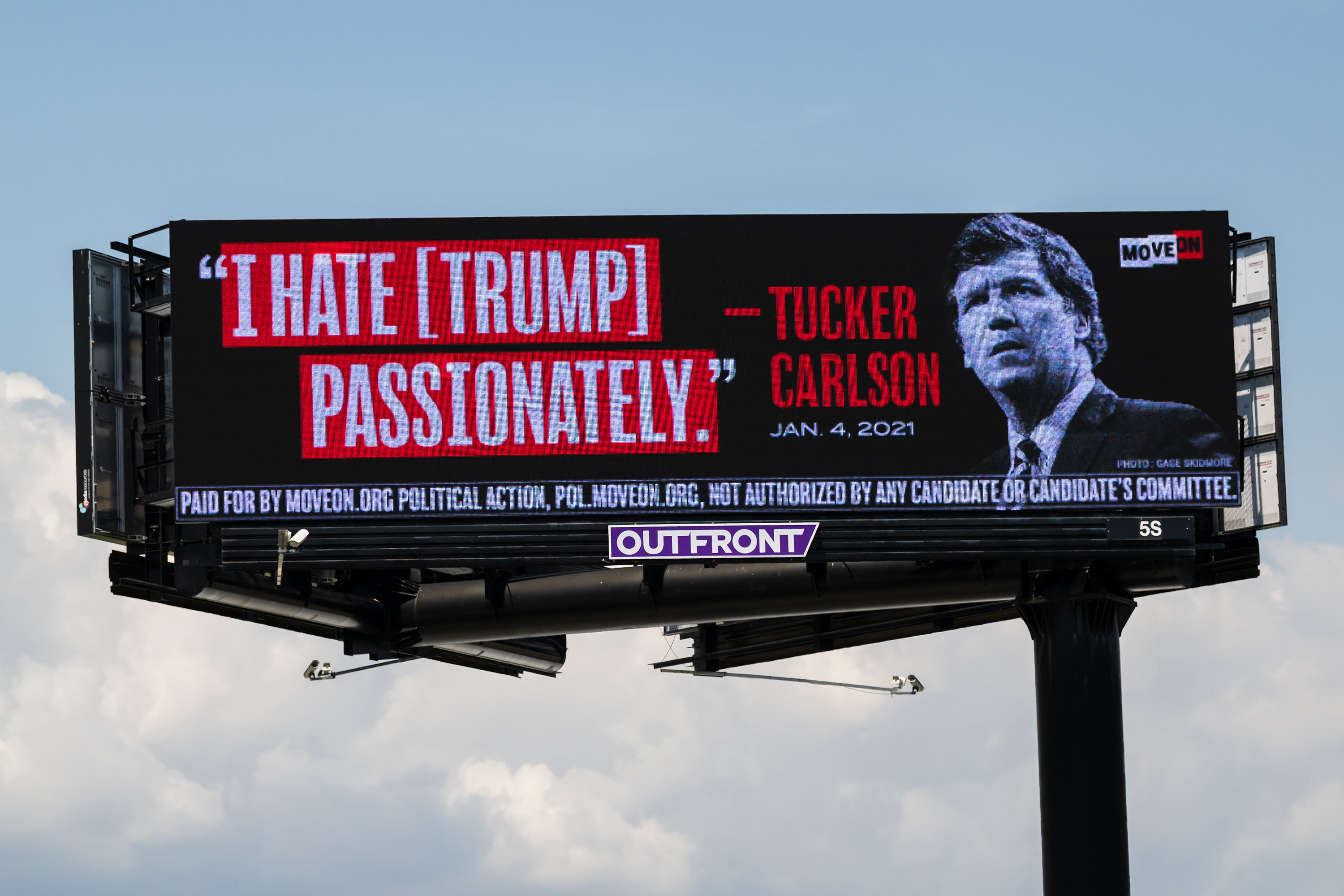 A billboard on a highway close to Mar-a-Lago, Donald Trump’s Florida residence, displays former Fox News host Tucker Carlson’s private text message about Trump, on April 3, made public in court filings. Photo: TNS