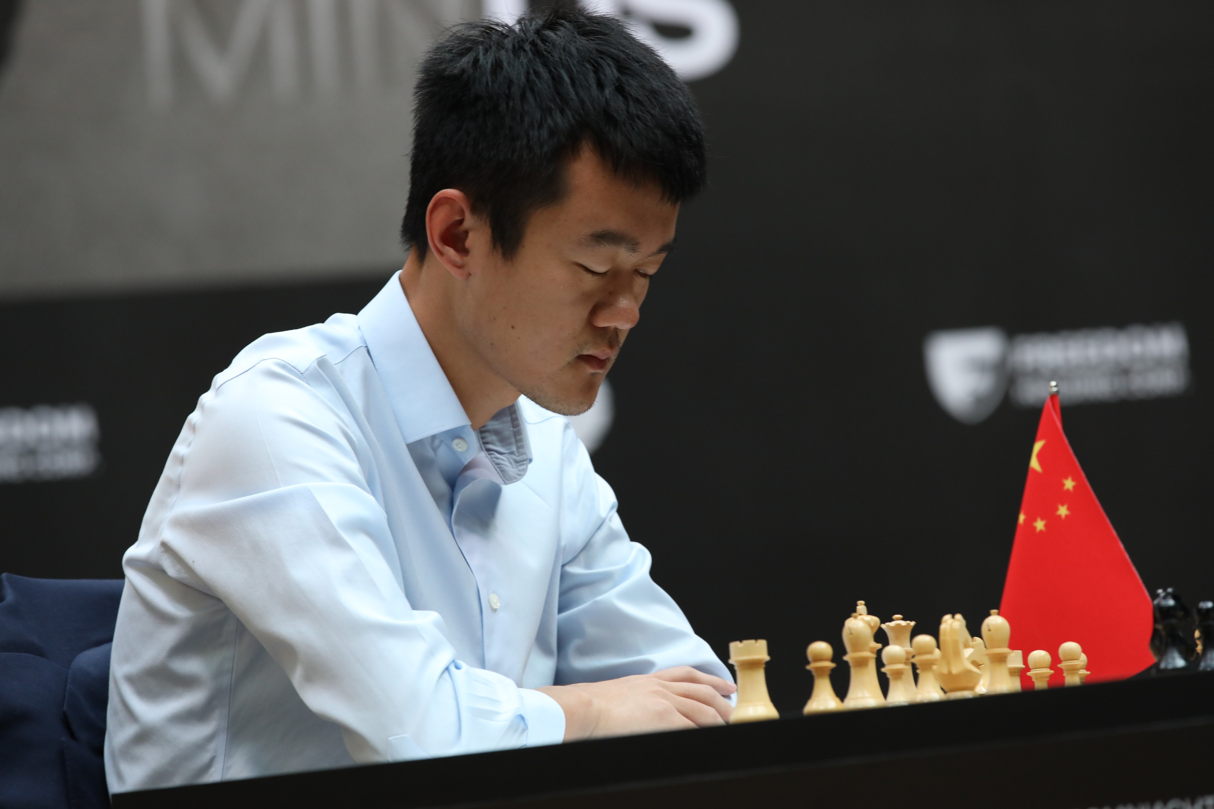 China's Ding Liren plays against Russia's Ian Nepomniachtchi during their FIDE  World Chess Championship in Astana, Kazakhstan, Saturday, April 29, 2023.  Ian Nepomniachtchi and Ding Liren are facing off in the final