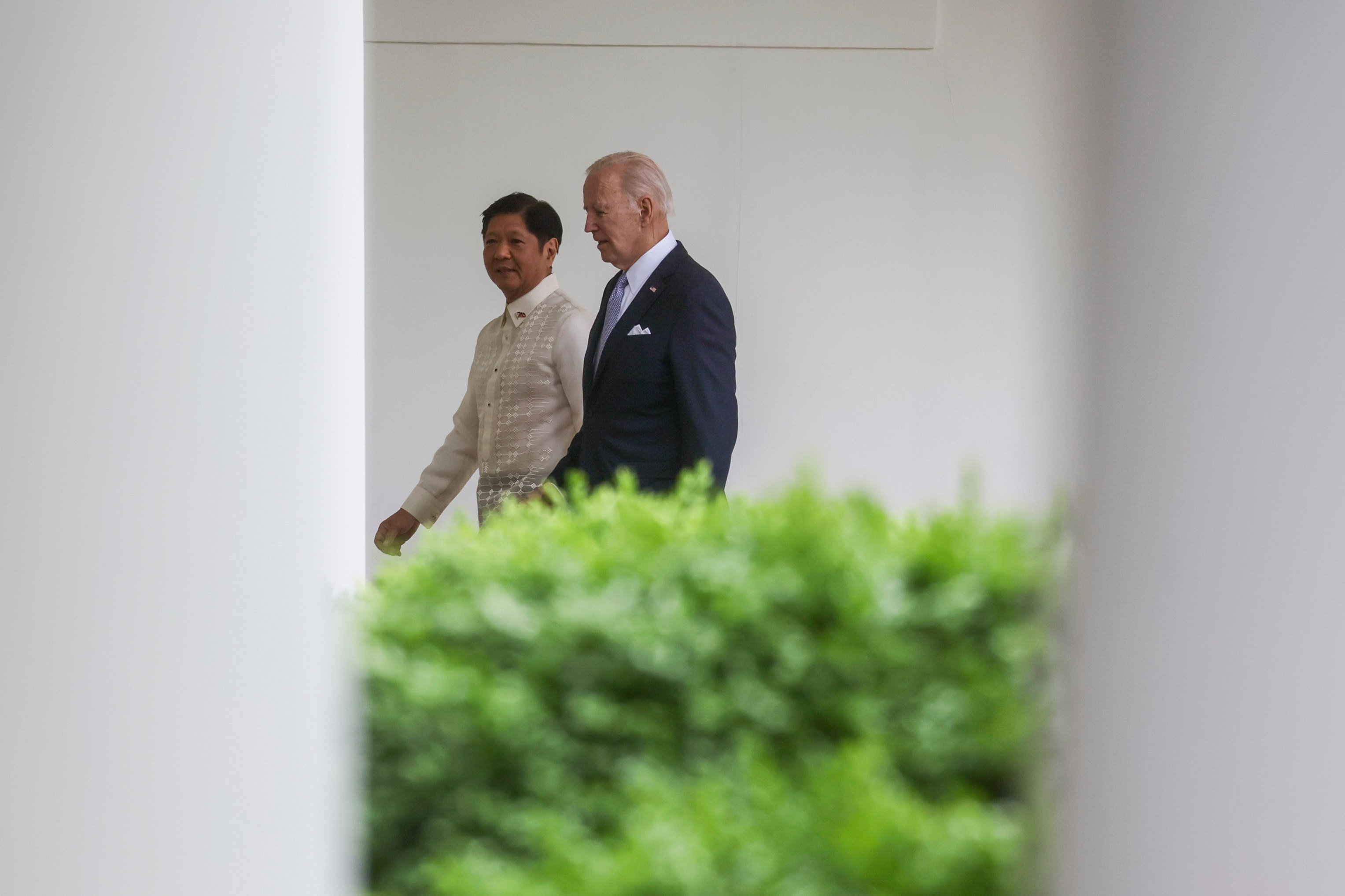 US President Joe Biden and President Ferdinand Marcos, Jnr of the Philippines walk on the West Colonnade to the Oval Office on Monday. Photo: AP