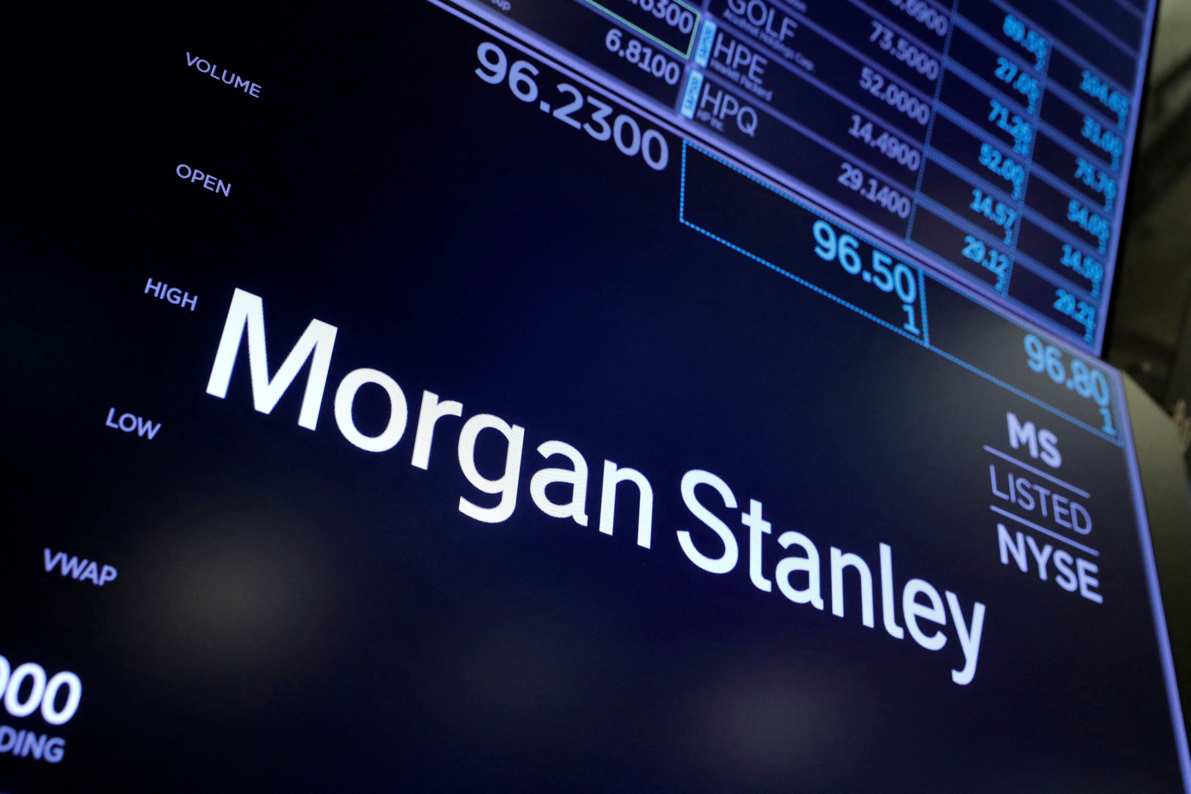 The logo for Morgan Stanley is seen on the trading floor at the New York Stock Exchange in New York City on August 3, 2021. Photo: Reuters